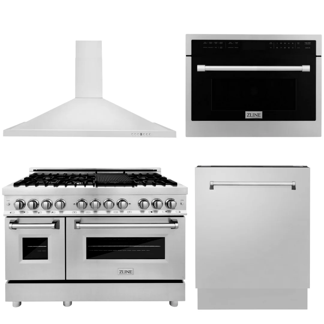ZLINE Appliance Package - 48 In. Dual Fuel Range, Range Hood, Microwave Oven, 3 Rack Dishwasher, 4KP-RARH48-MODWV - Inhomebuy