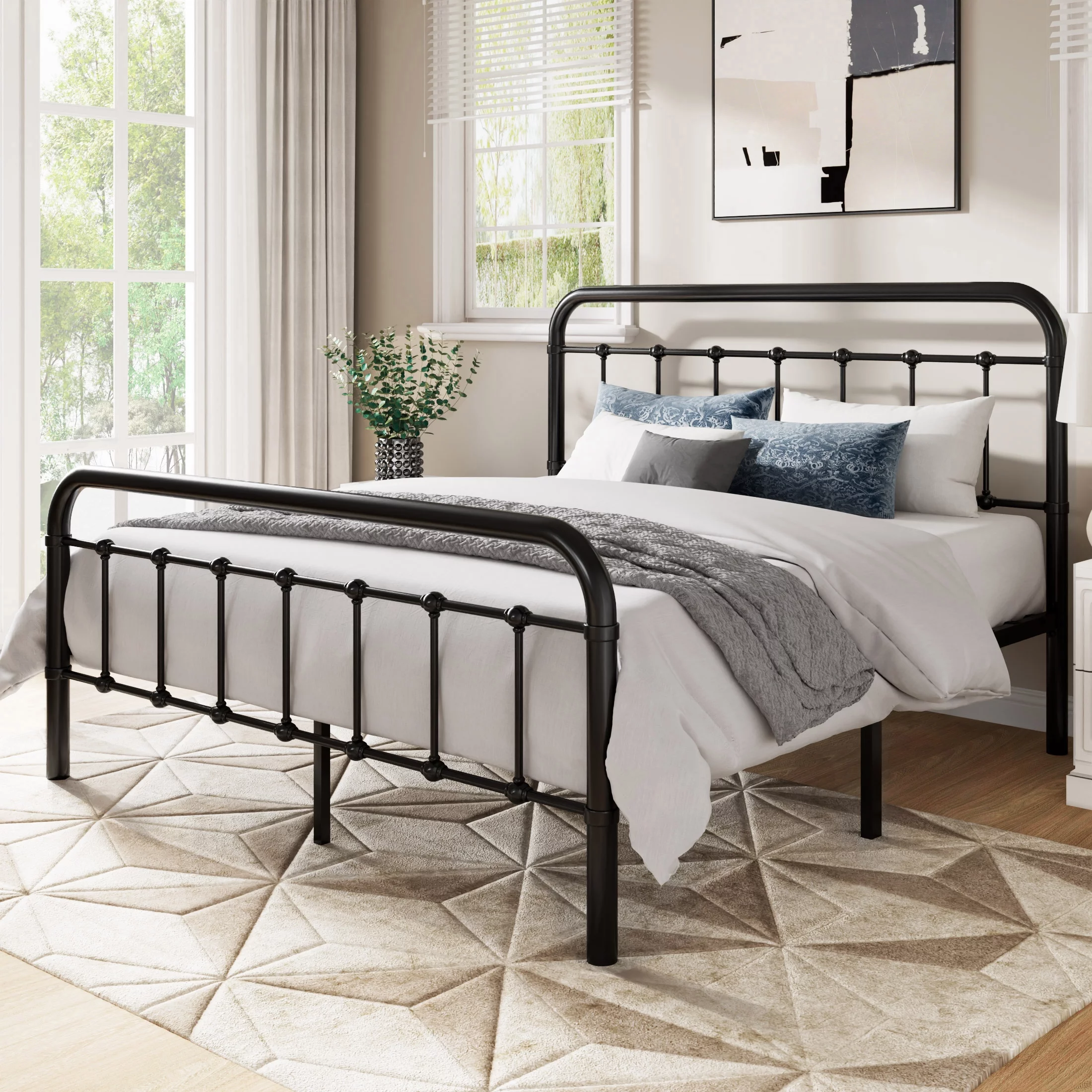 Allewie Queen Size Metal Platform Bed Frame with Victorian Style Wrought Iron-Art Headboard/Footboard, Black - Inhomebuy