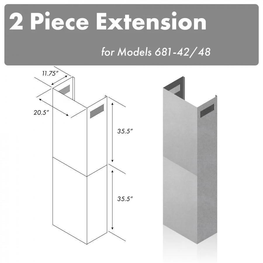 ZLINE 71 in. Chimney Extension for Ceilings up to 12 ft, 2PCEXT-681-42/48 - Inhomebuy