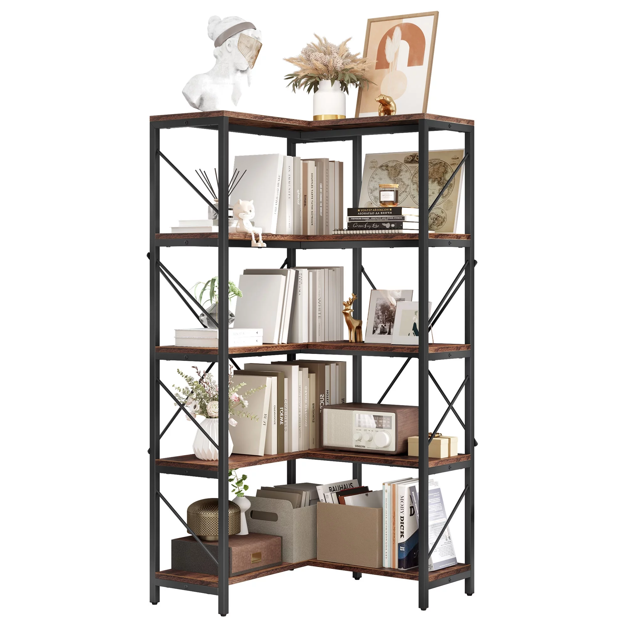 5-Tier L-Shaped Bookcase Storage Organizer, Tall Corner Bookshelf Open Display Freestanding Storage,Dark Gray - Inhomebuy
