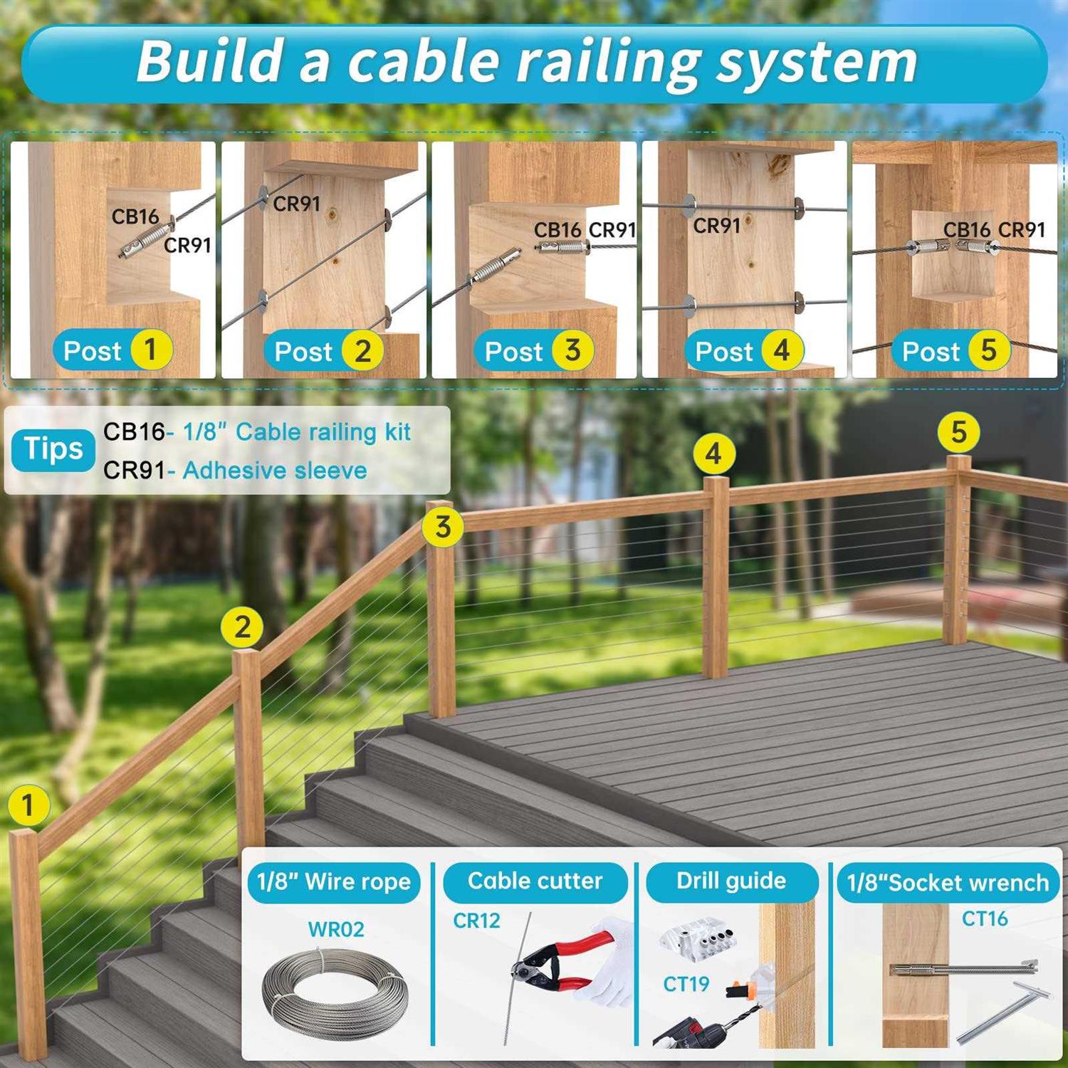 Muzata 1/8 Invisible Cable Railing Kit Lag Screw Cable Genie Tensioner Hidden T316 Stainless Steel for 4×4 6×6 8×8 Wood Posts Deck - Inhomebuy