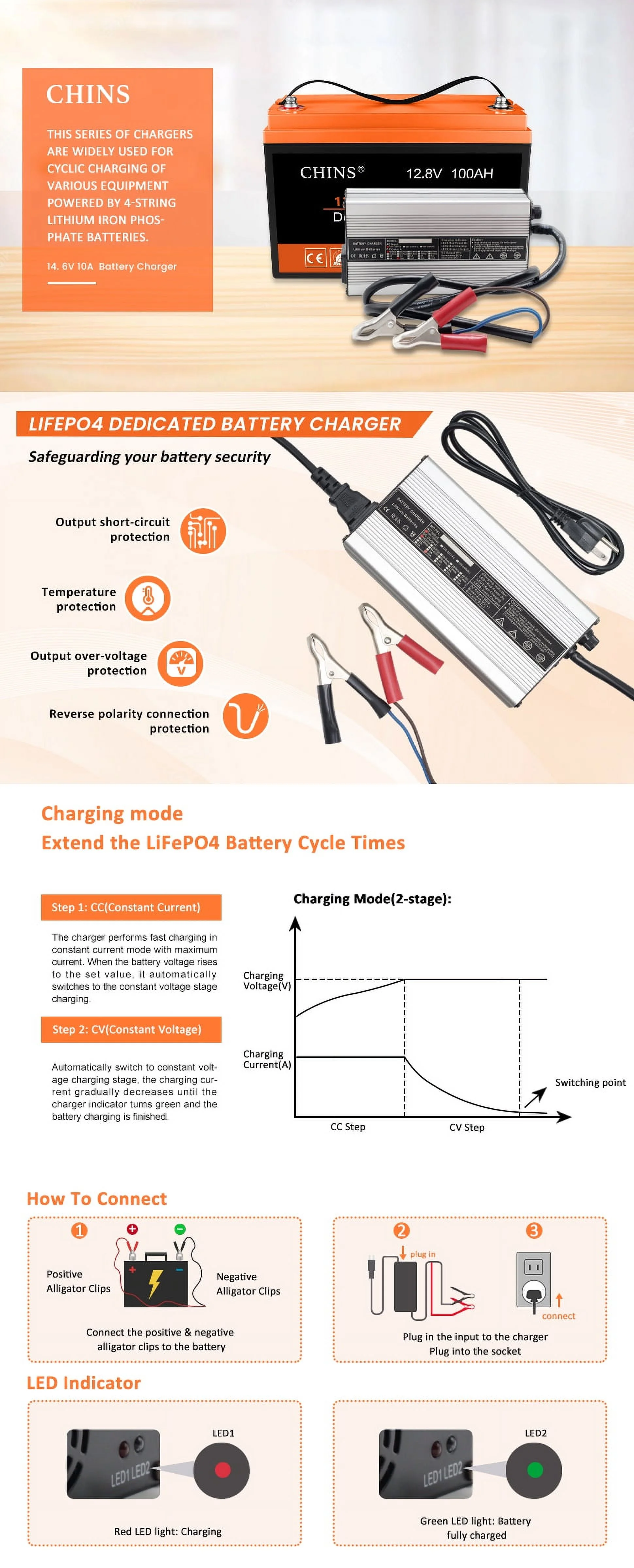 CHINS Smart LiFePO4 Lithium Iron Battery 12.8V 100Ah for Boat Fishing - Inhomebuy