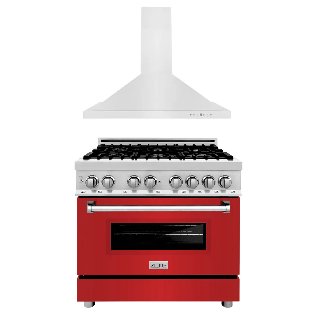 ZLINE 36 in. Dual Fuel Range with Red Matte Doors & 36 in. Range Hood Appliance Package, 2KP-RARMRH36 - Inhomebuy