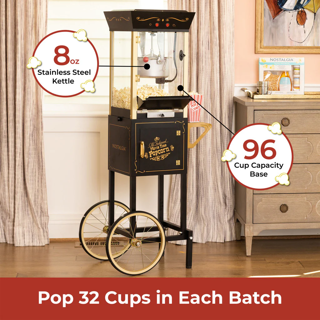 Vintage Professional Popcorn Cart - NEW 8-Ounce Kettle - 53 Inches Tall - Black - Inhomebuy