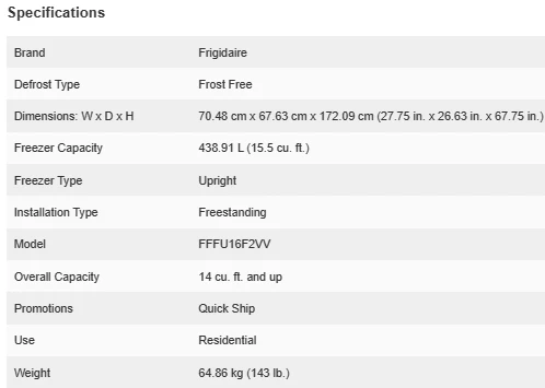 Frigidaire 27 in 15.5 cu ft Upright Freezer - FFFU16F2VW - Inhomebuy