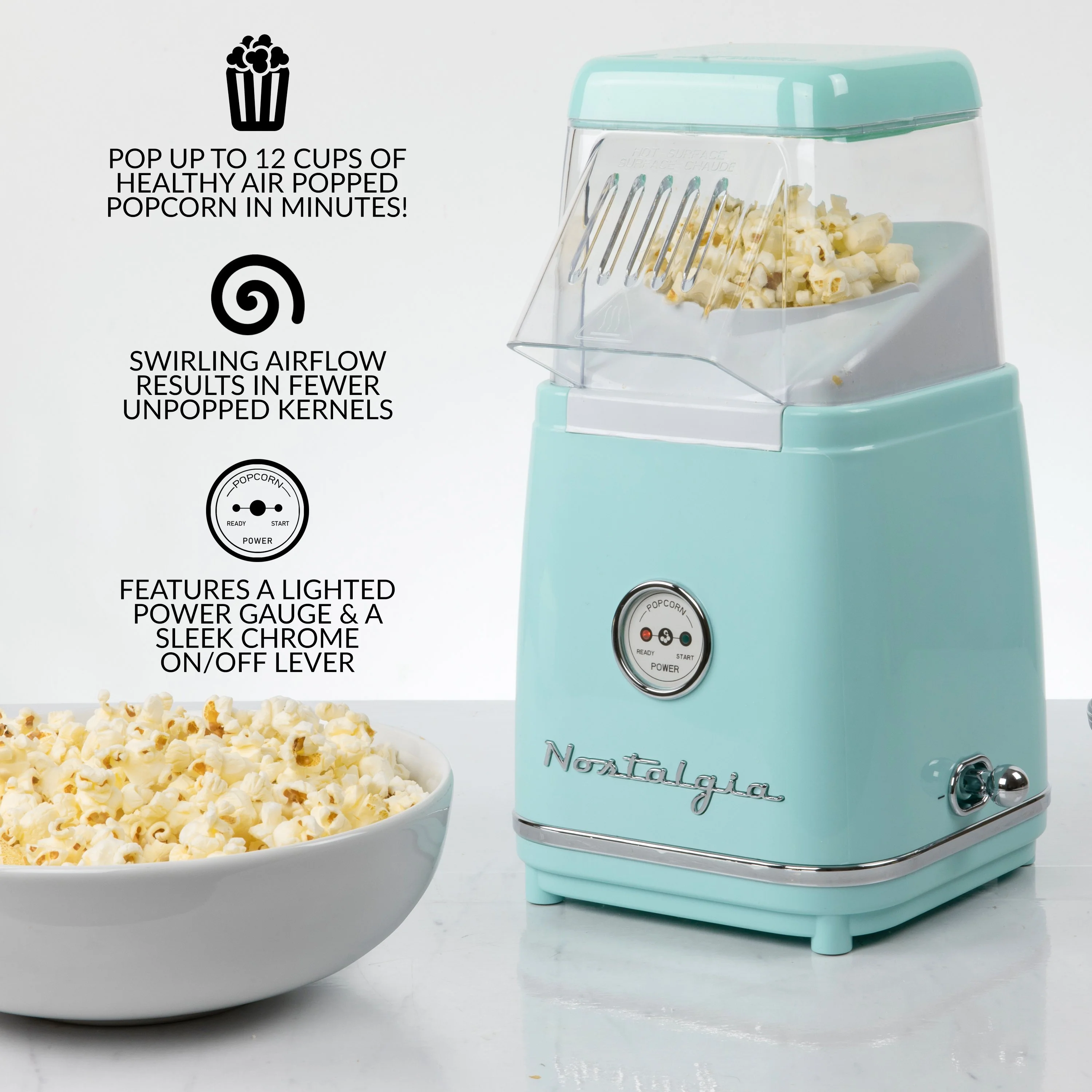 Classic Retro 12-Cup Hot Air Popcorn Maker, Aqua - Inhomebuy