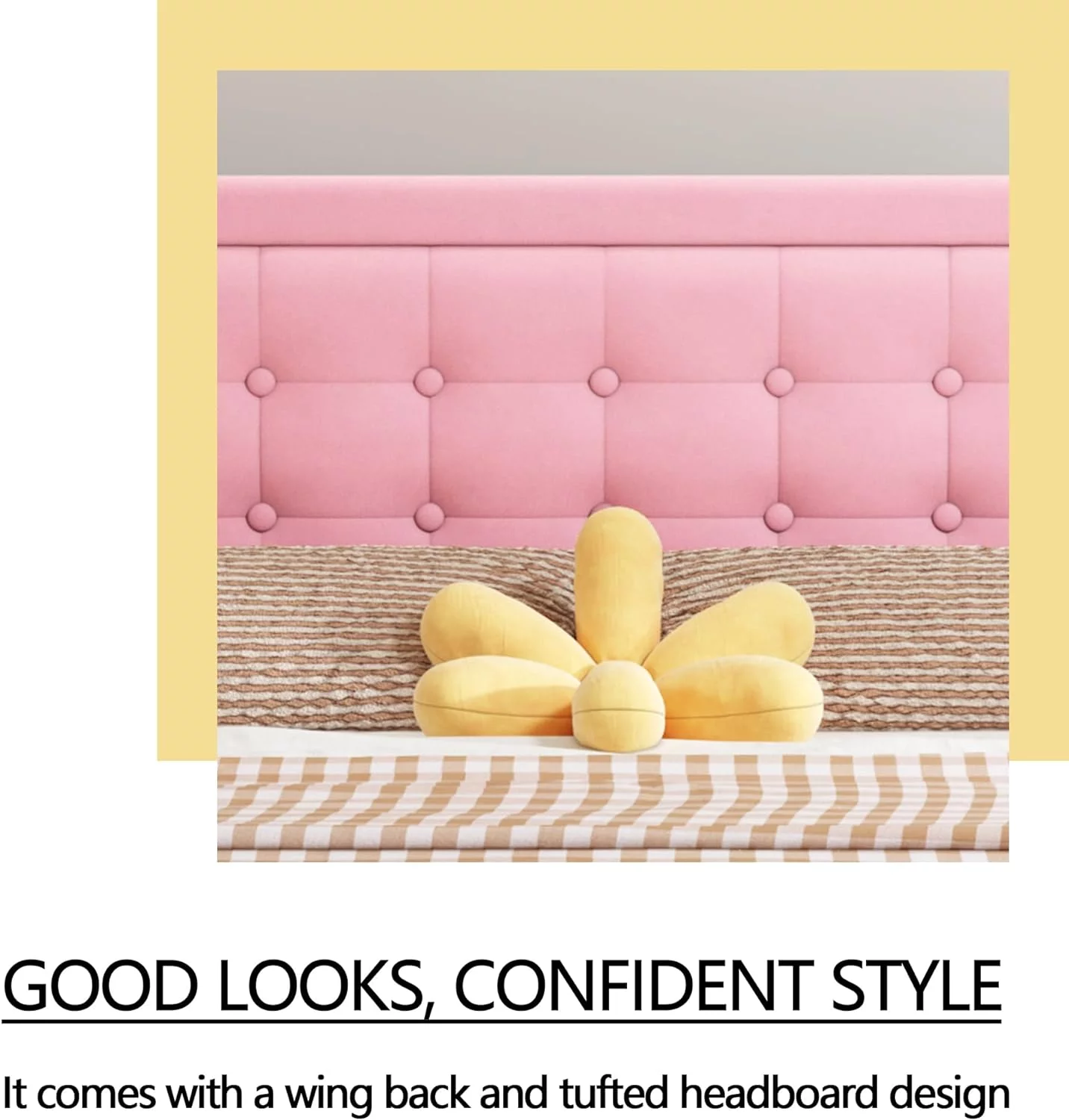 alazyhome Velvet Upholstered Platform Bed Frame Twin Size with Button Tufting Headboard , Easy Assembly, Pink - Inhomebuy