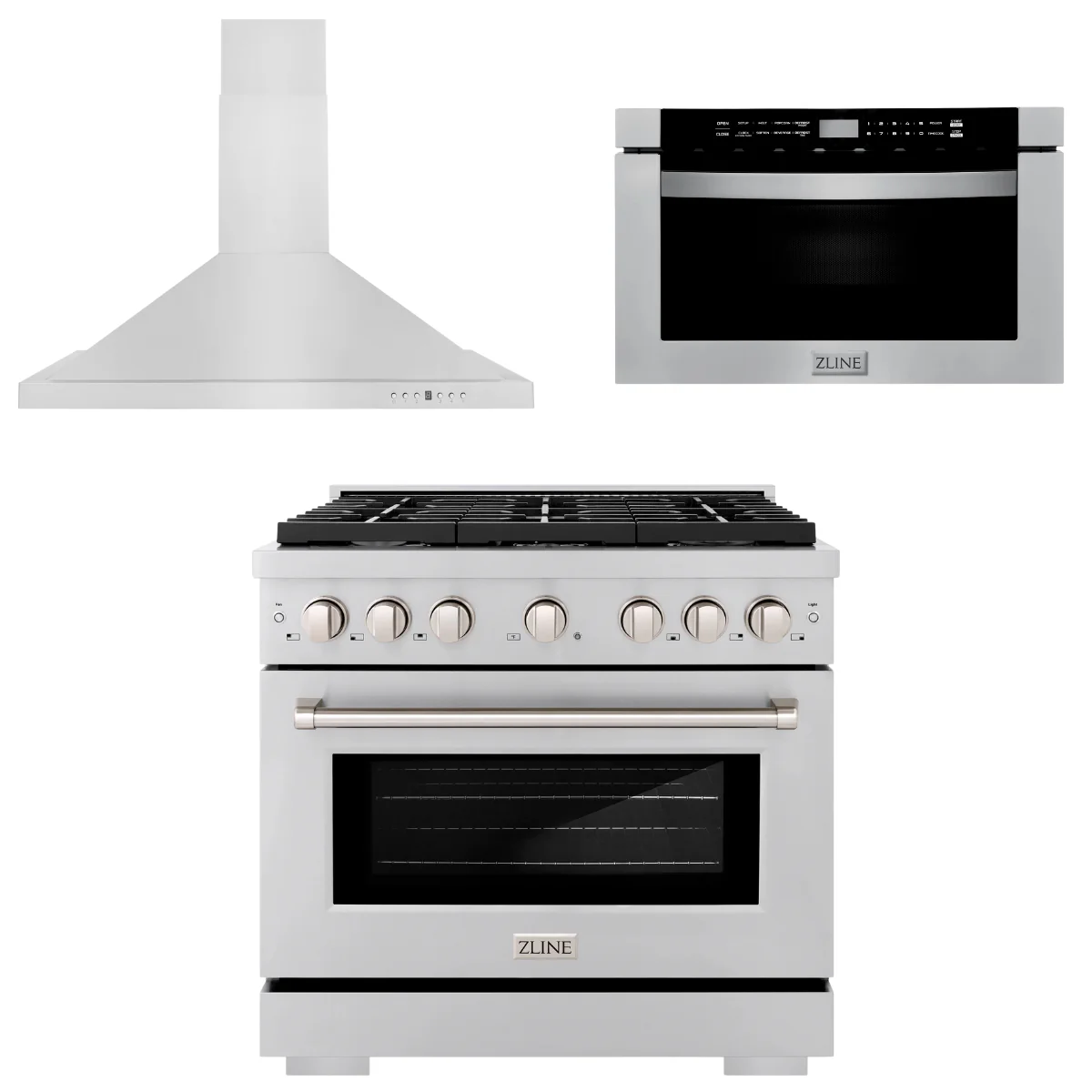 ZLINE Appliance Package - 36 in. Gas Range, Range Hood and Microwave Drawer, 3KP-SGRRH36-MW - Inhomebuy