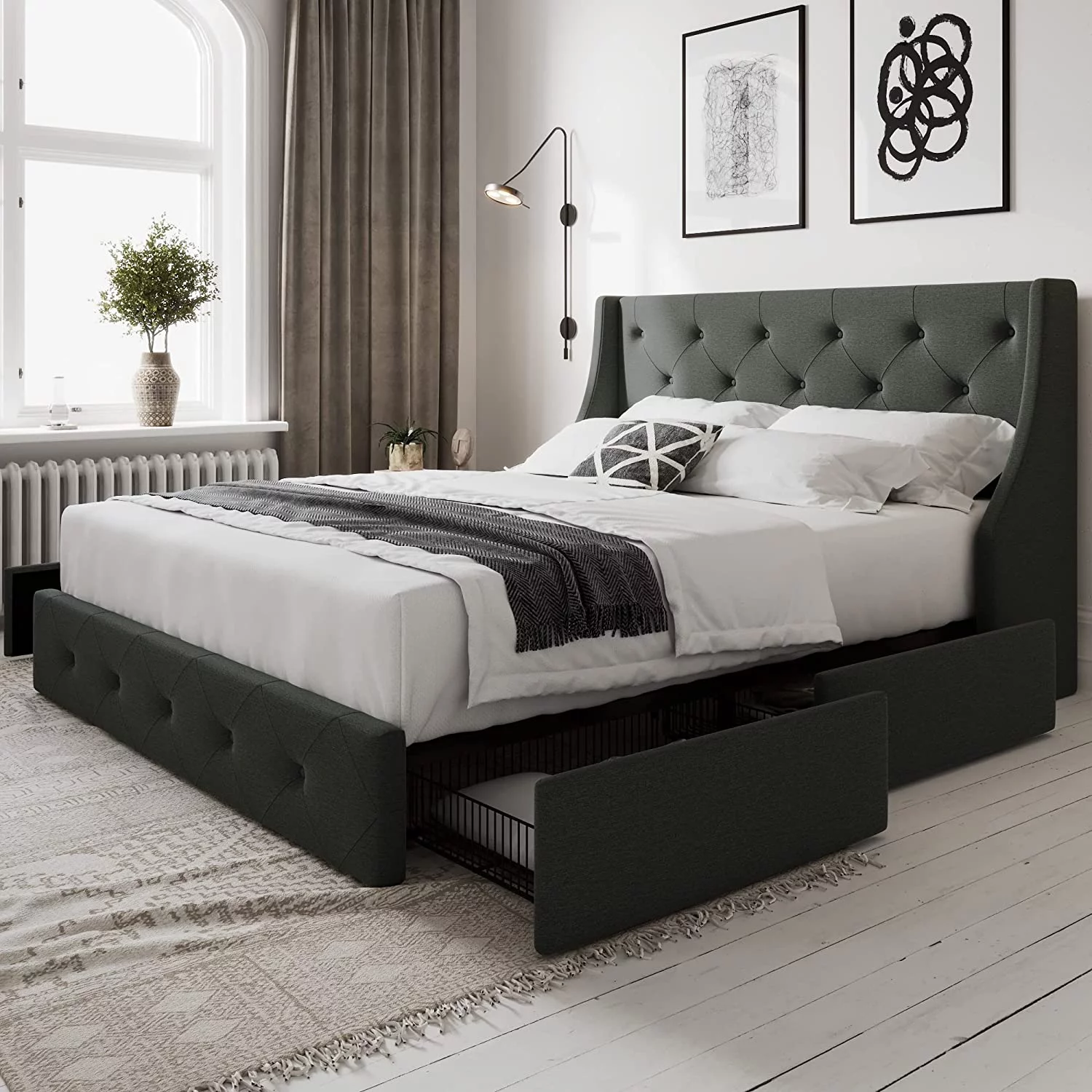 Allewie Queen Size Bed Frame with 4 Storage Drawers and Button Tufted & Wingback Headboard, Dark Grey - Inhomebuy