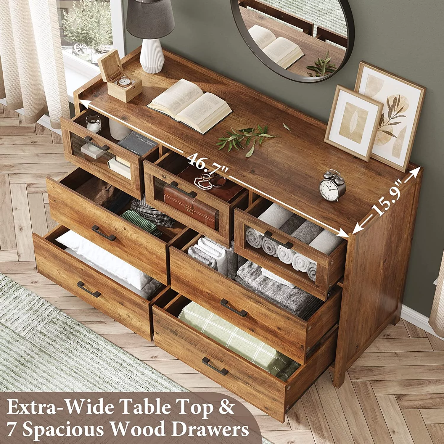 7 Drawer Dresser, Chest of Drawers with LED Lights, Wide Storage Organizer, Black Finish - Inhomebuy