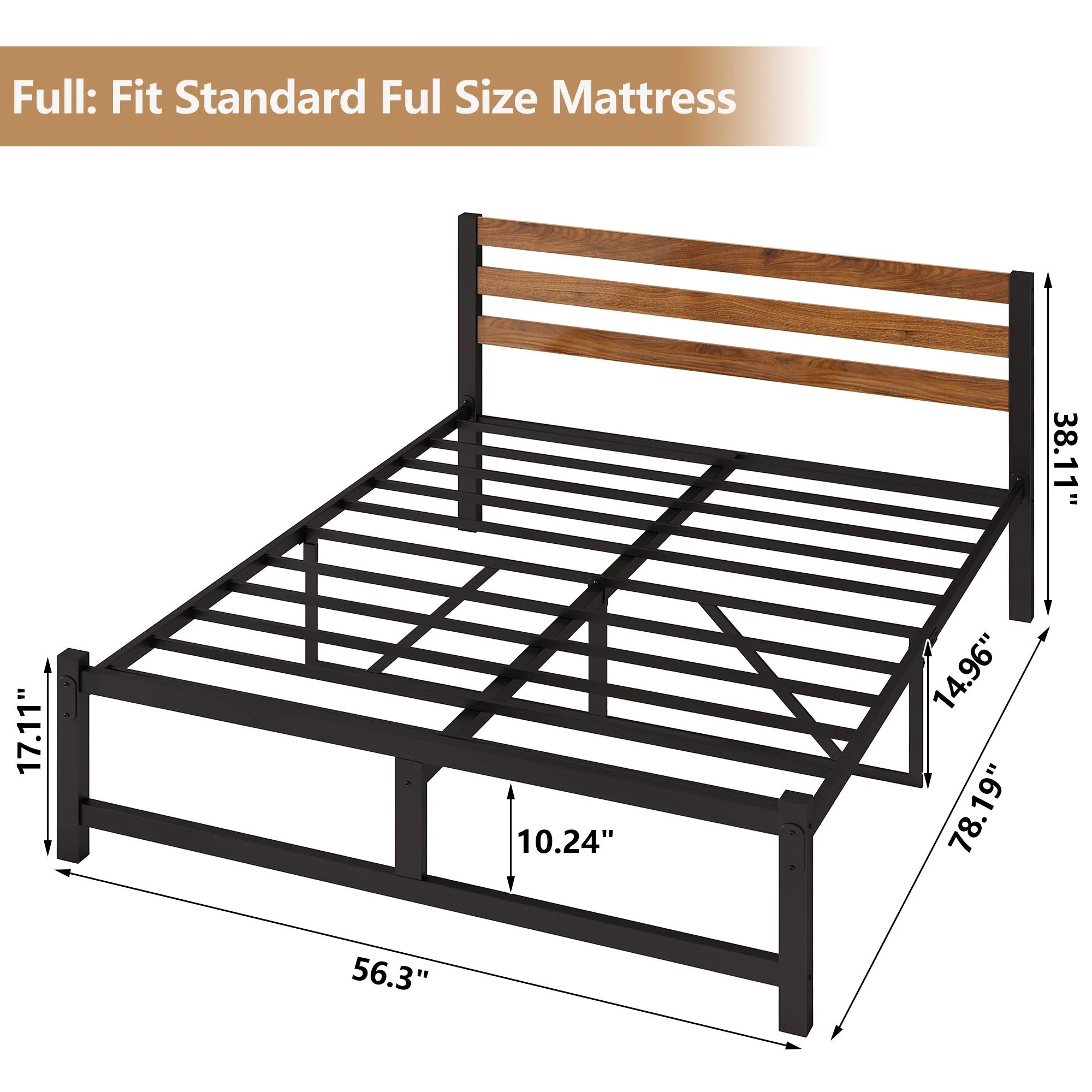 uhomepro Queen Platform Bed Frame with Headboard, Rustic Brown and Black Metal Platform Bed Frame with Heavy Duty Metal Slats, No Box Spring Needed - Inhomebuy