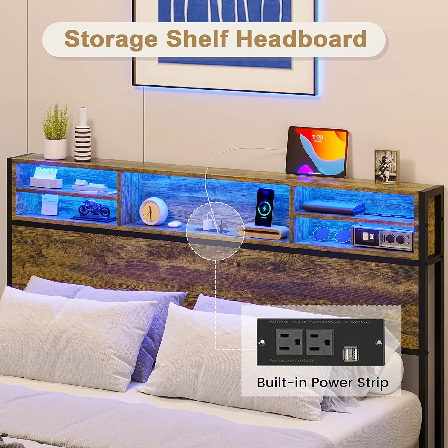 Afuhokles LED Full Bed Frame with Outlets and Headboard, Platform Bed with Storage Drawers, Brown - Inhomebuy