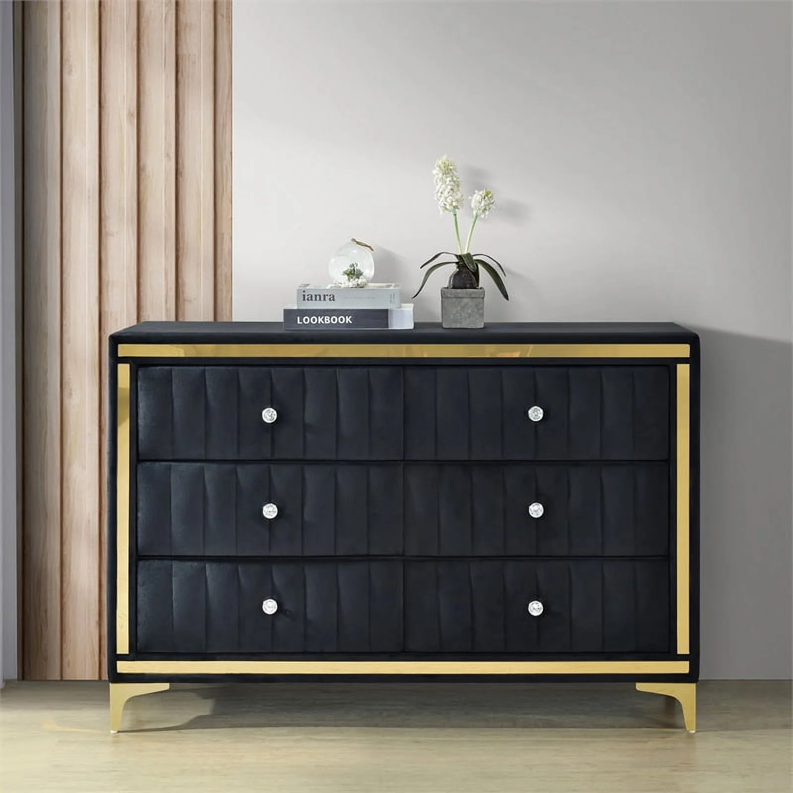 Better Home Products Velvet 6 Drawer Dresser with Gold Legs in Black - Inhomebuy
