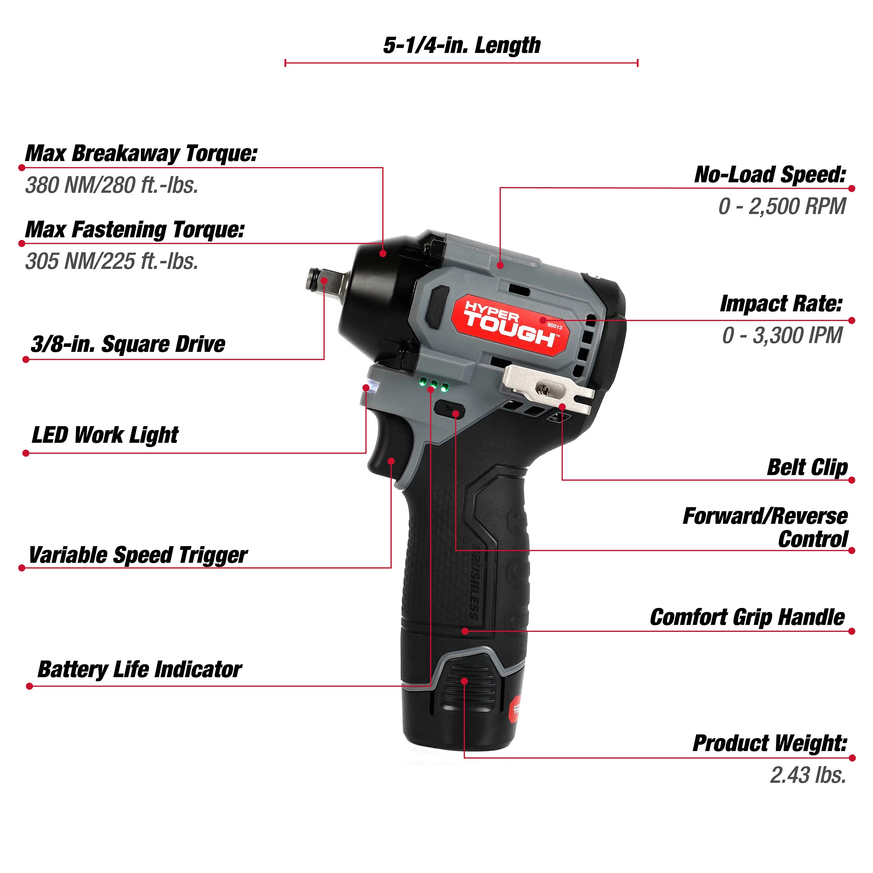 Hyper Tough 12V Max Lithium-Ion Brushless Impact Wrench with 2.0Ah Battery and Charger, 80013 - Inhomebuy