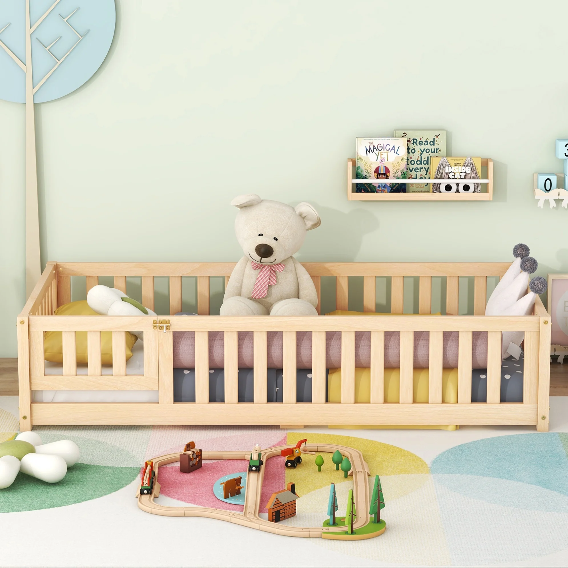 Twin Size Montessori Floor Bed with Safety Guardrails and Door, Playhouse Bed for Kids Boys Girls, Wood Montessori Bed Frame for Bedrooms, Pink - Inhomebuy