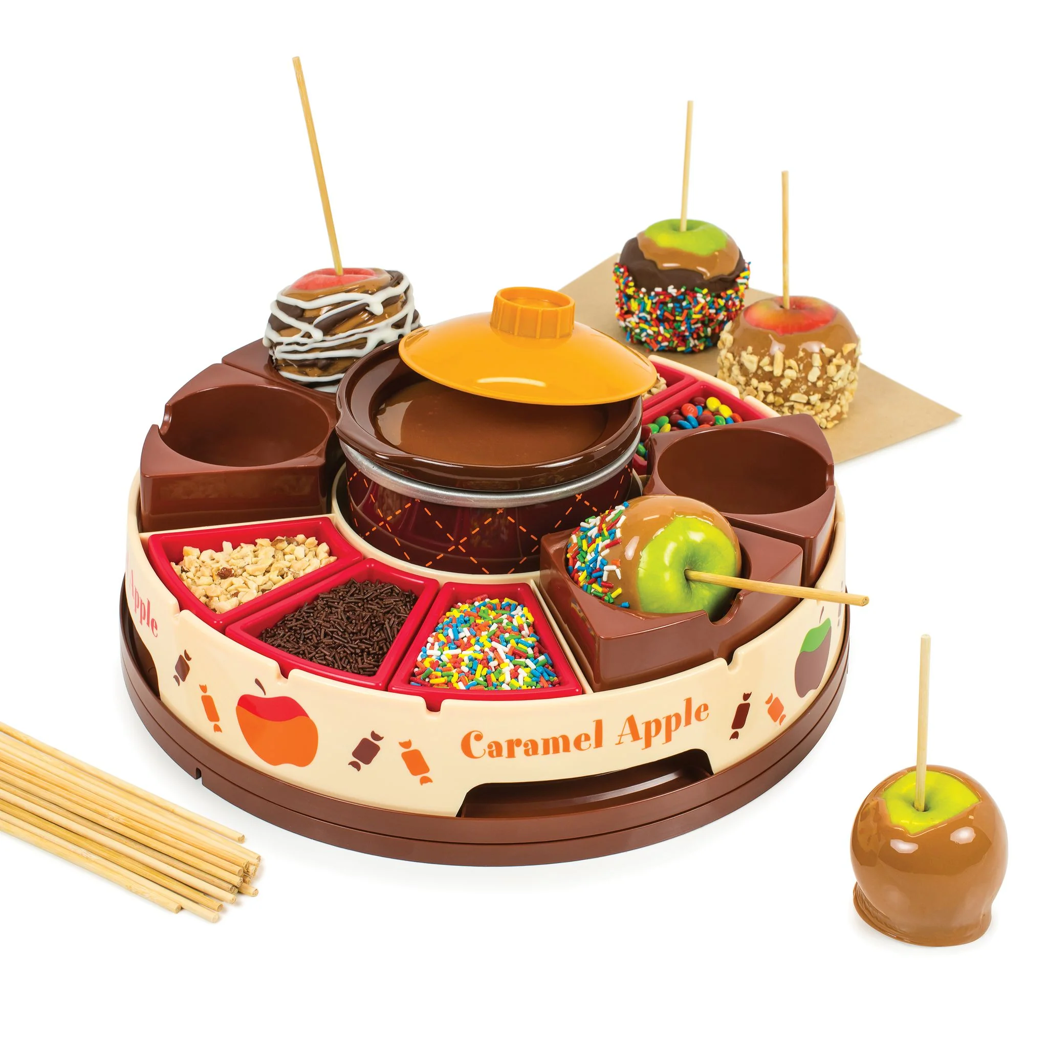 Lazy Susan Chocolate & Caramel Apple Party with Heated Fondue Pot, 25 Sticks, Decorating and Toppings Trays - Inhomebuy