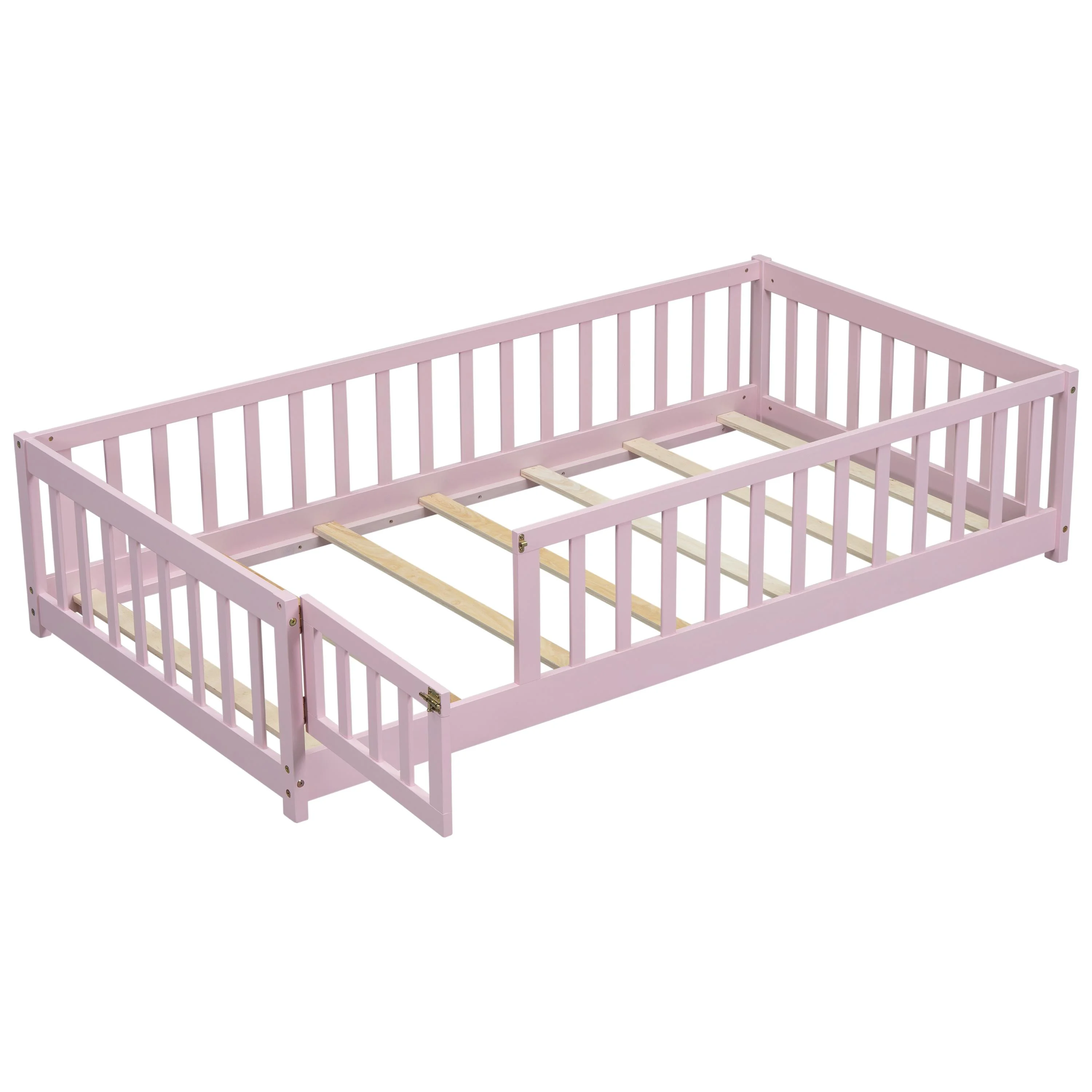 uhomepro Kids Toddler Bed with Fence and Door, Full Size Platform Bed Floor Bed, Wood Bed Frame No Box Spring Needed, Gray - Inhomebuy