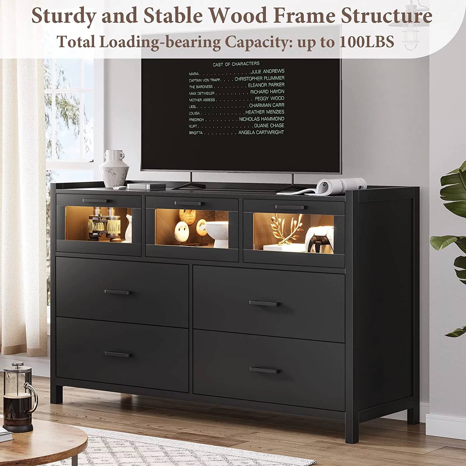 7 Drawer Dresser, Chest of Drawers with LED Lights, Wide Storage Organizer, Black Finish - Inhomebuy