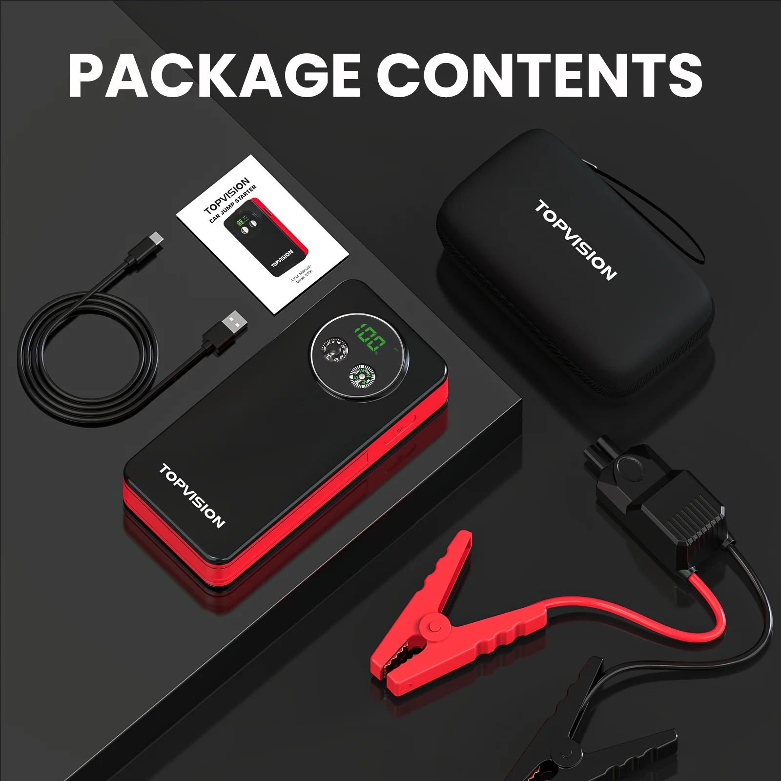 TOPVISION 2500A Car Jump starter Powerful Car Jump Starter with Dual USB Quick Charge and DC Output,12V Jump Pack with Built-in LED Bright Light - Inhomebuy