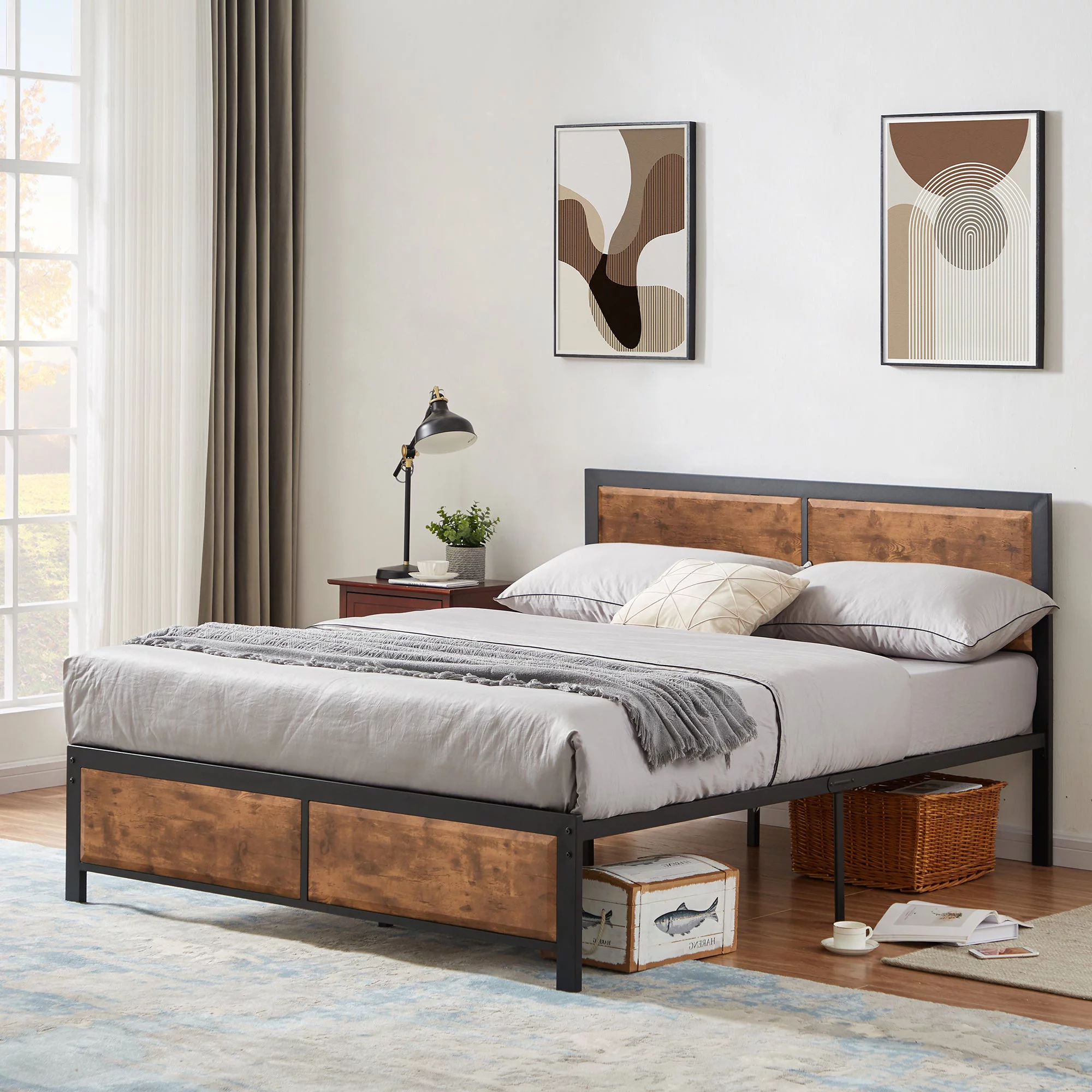 VECELO 3-Piece Bedroom Set with Queen Size Bed Frame and 1-Drawer Brown Nightstands - Inhomebuy