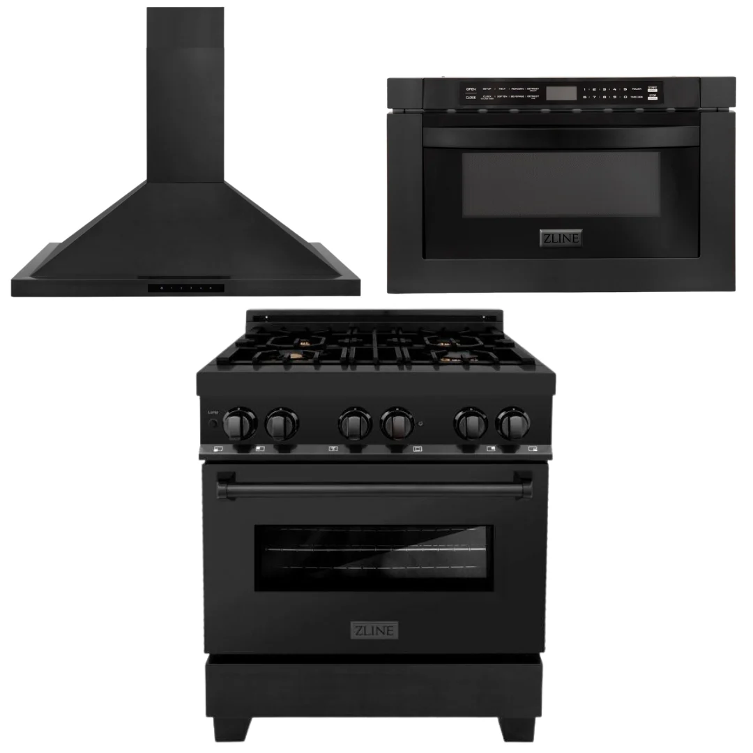 ZLINE 30 in. Kitchen Appliance Package with Black Stainless Steel Dual Fuel Range, Convertible Vent Range Hood and Microwave Drawer, 3KP-RABRH30-MW - Inhomebuy