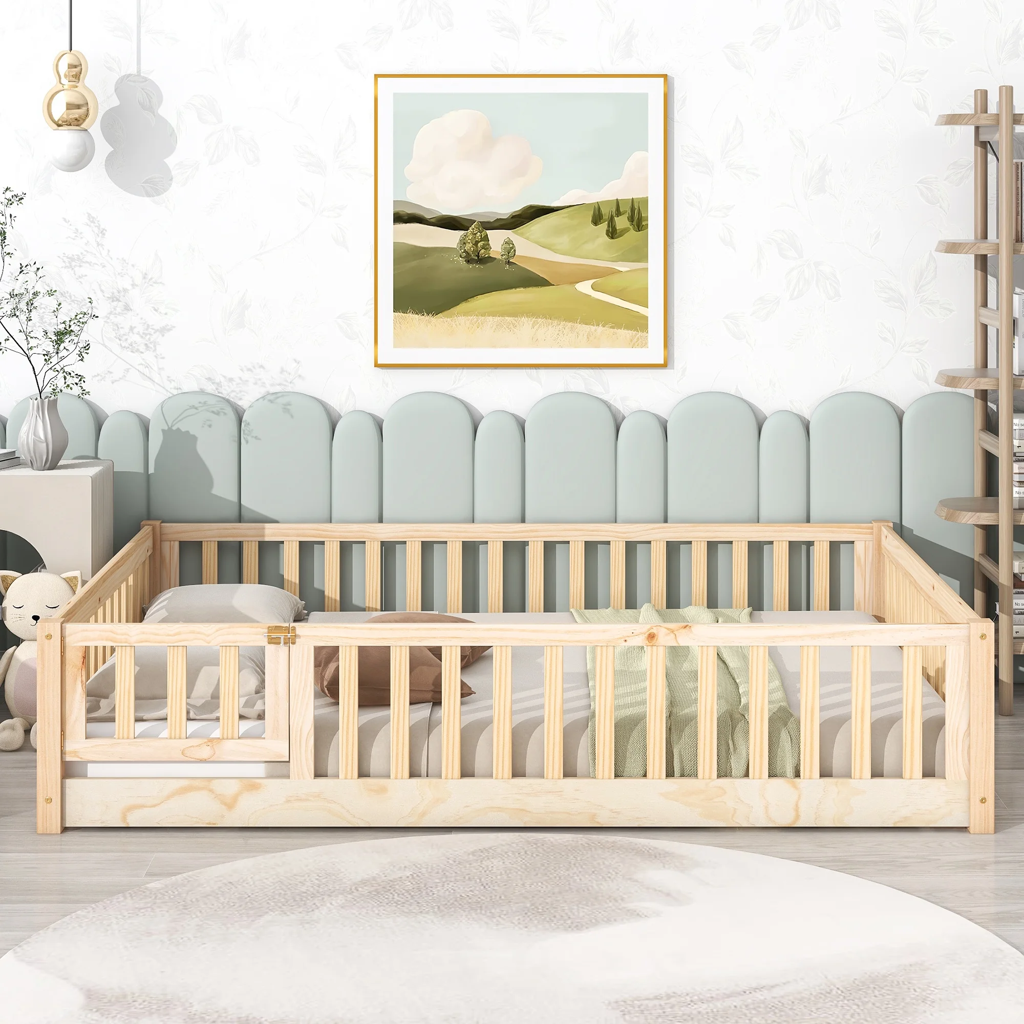 uhomepro Kids Toddler Bed with Fence and Door, Full Size Platform Bed Floor Bed, Wood Bed Frame No Box Spring Needed, Gray - Inhomebuy