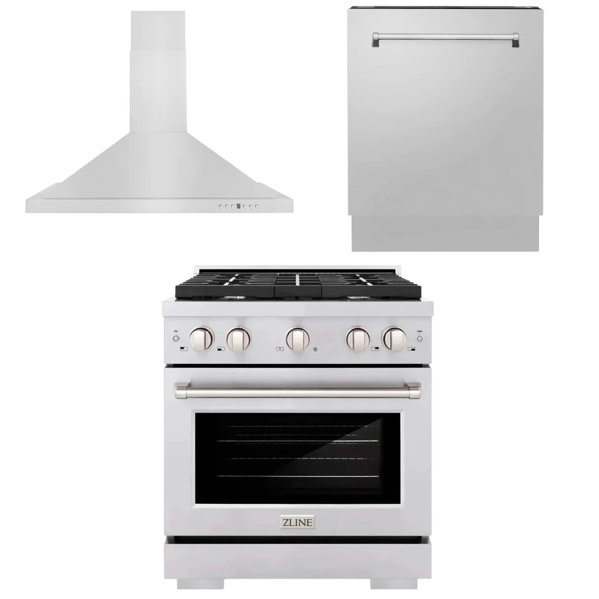 ZLINE Appliance Package - 30 in. Gas Range, Range Hood, 3 Rack Dishwasher, 3KP-SGRRH30-DWV - Inhomebuy