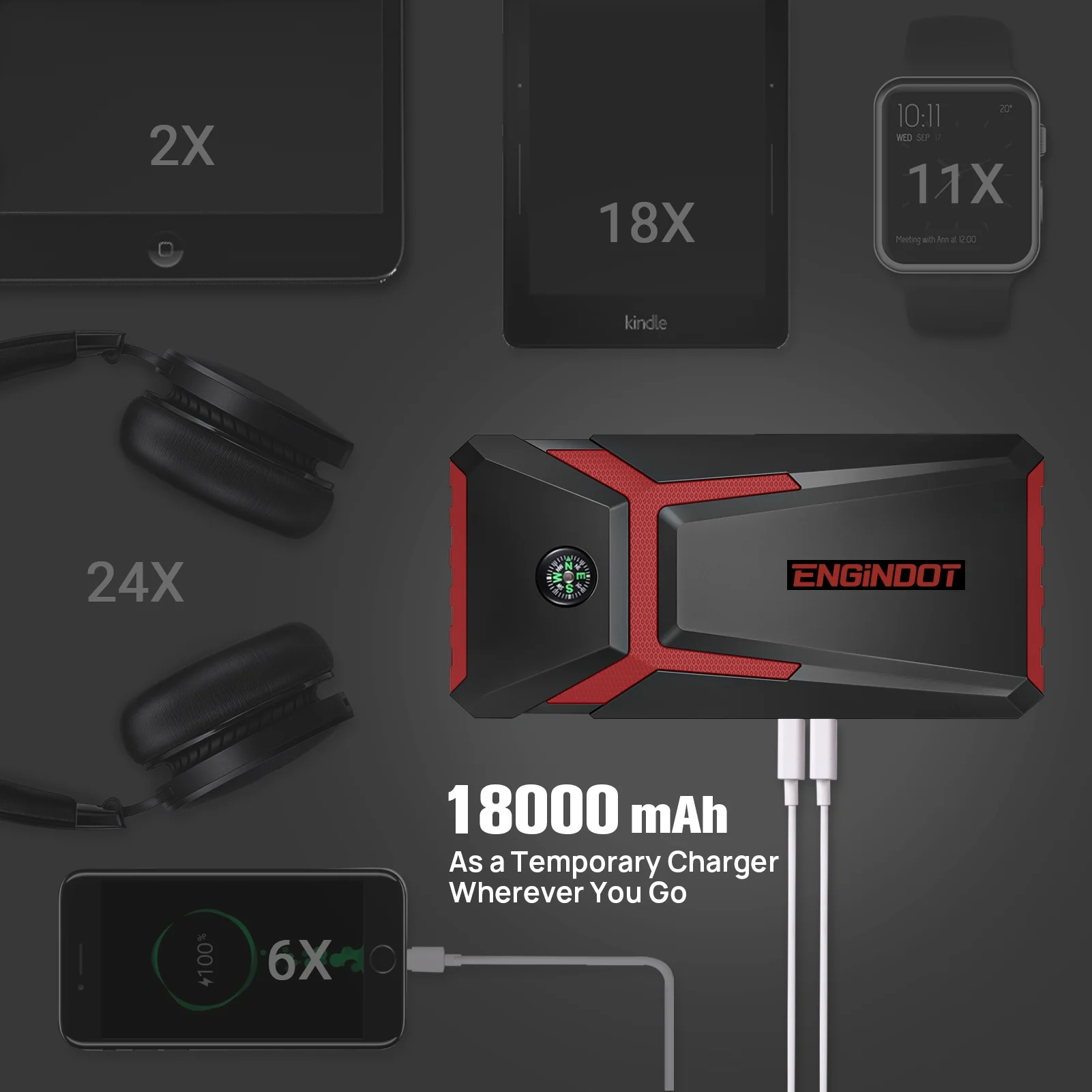 ENGINDOT Jump Starter for up to 7.0L Gas or 5.5L Diesel Engine, 800A Peak 18000mAh 12V Auto Battery Booster with LCD Screen, with USB Quick Charge, Red - Inhomebuy