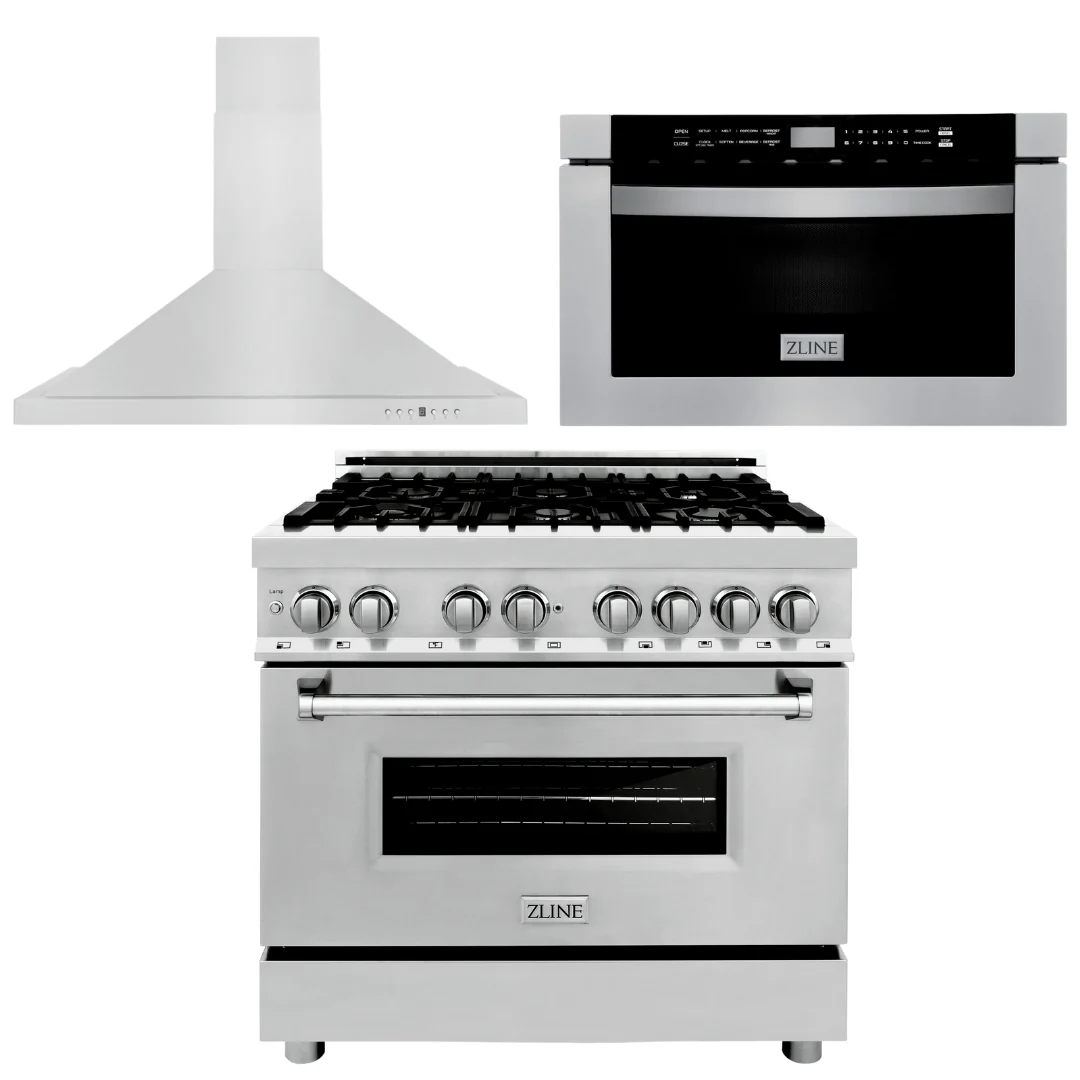 ZLINE Appliance Package - 36 in. Dual Fuel Range, Range Hood, Microwave Drawer, 3KP-RARH36-MW - Inhomebuy