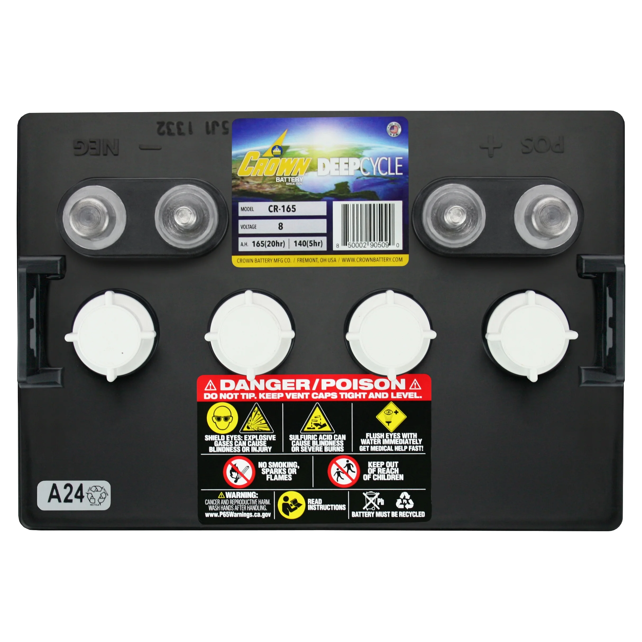 Crown CR-165 8V Deep-Cycle Flooded Battery replaces Trojan T-875 X8 - Inhomebuy