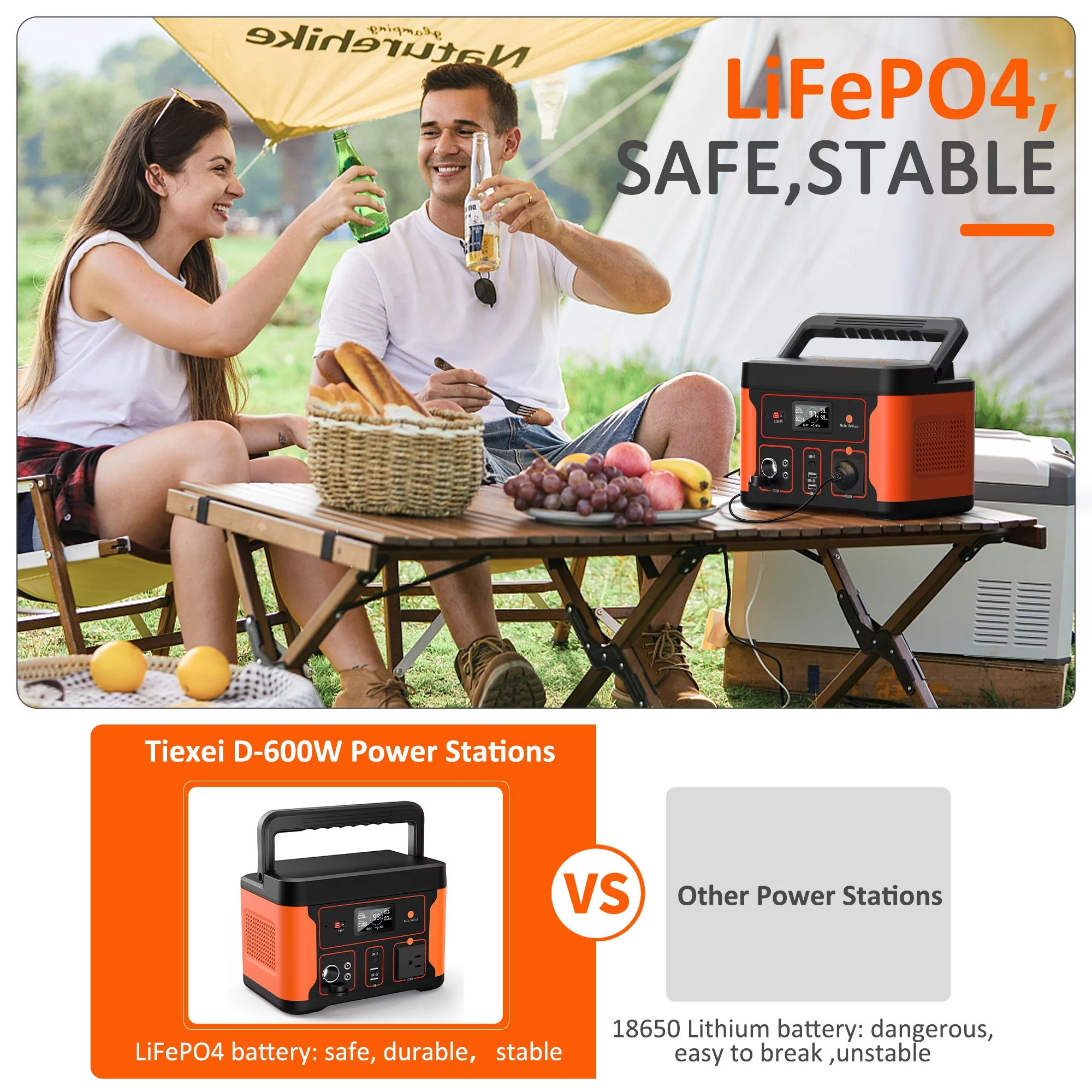 Tiexei D600 Portable Power Station 600W, 550Wh/172000mAh LiFePO4 Battery  Generator for Outdoor Camping - Inhomebuy