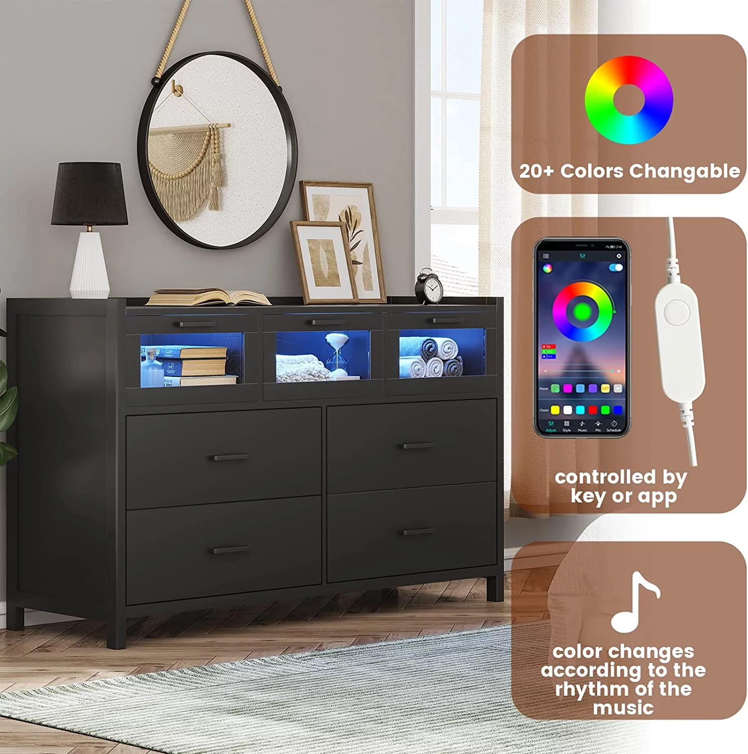 7 Drawer Dresser, Chest of Drawers with LED Lights, Wide Storage Organizer, Black Finish - Inhomebuy