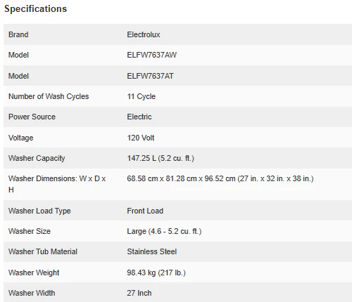 ELECTROLUX 6 SERIES 5.2 CU FT. ELECTRIC FRONT LOAD WASHER WITH SMARTBOOST - ELFW7637AW - Inhomebuy