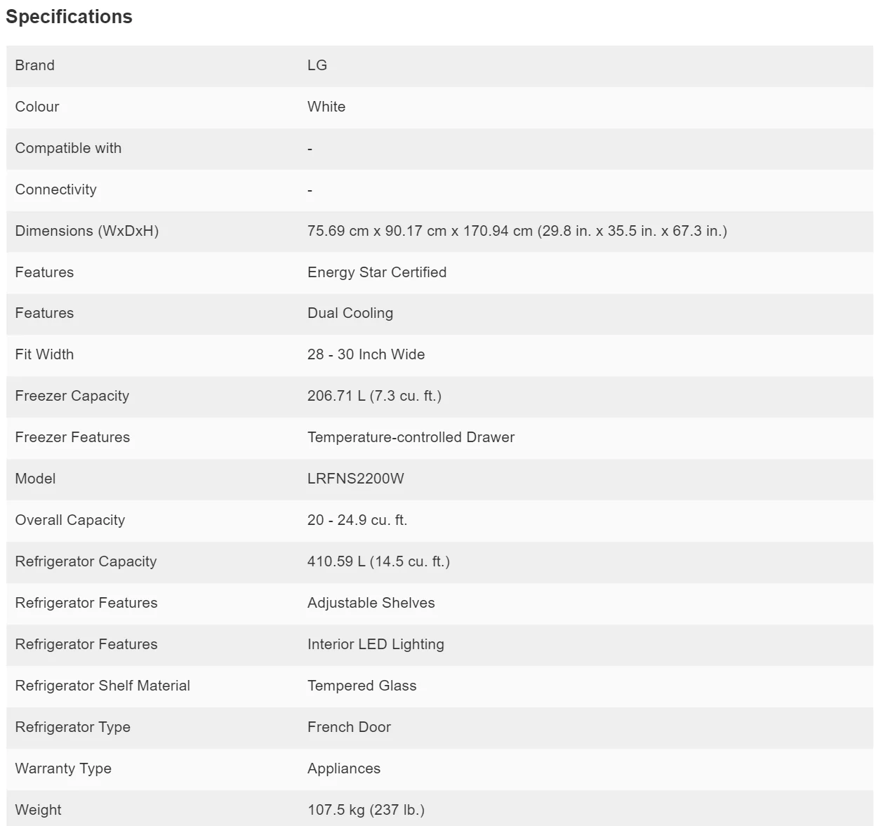 LG 30 IN. 21.8 CU. FT. SMUDGE-RESISTANT WHITE FRENCH DOOR REFRIGERATOR WITH SMARTDIAGNOSIS - LRFNS22 - Inhomebuy