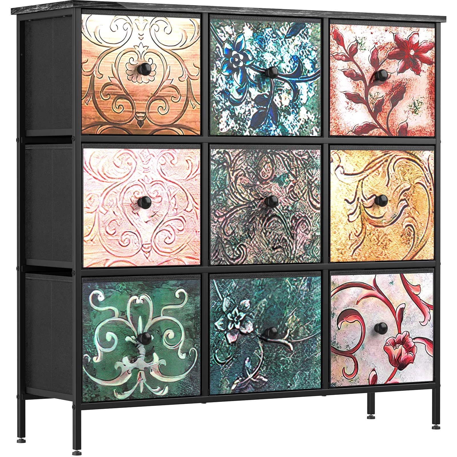 YILQQPER Dresser with 9 Drawers, Tall Storage Dresser with Sturdy Steel Frame, Wood Top (Floral Painted)  Chest of Drawers for Closet, Living Room, Adult and Children's Bedroom, Black - Inhomebuy