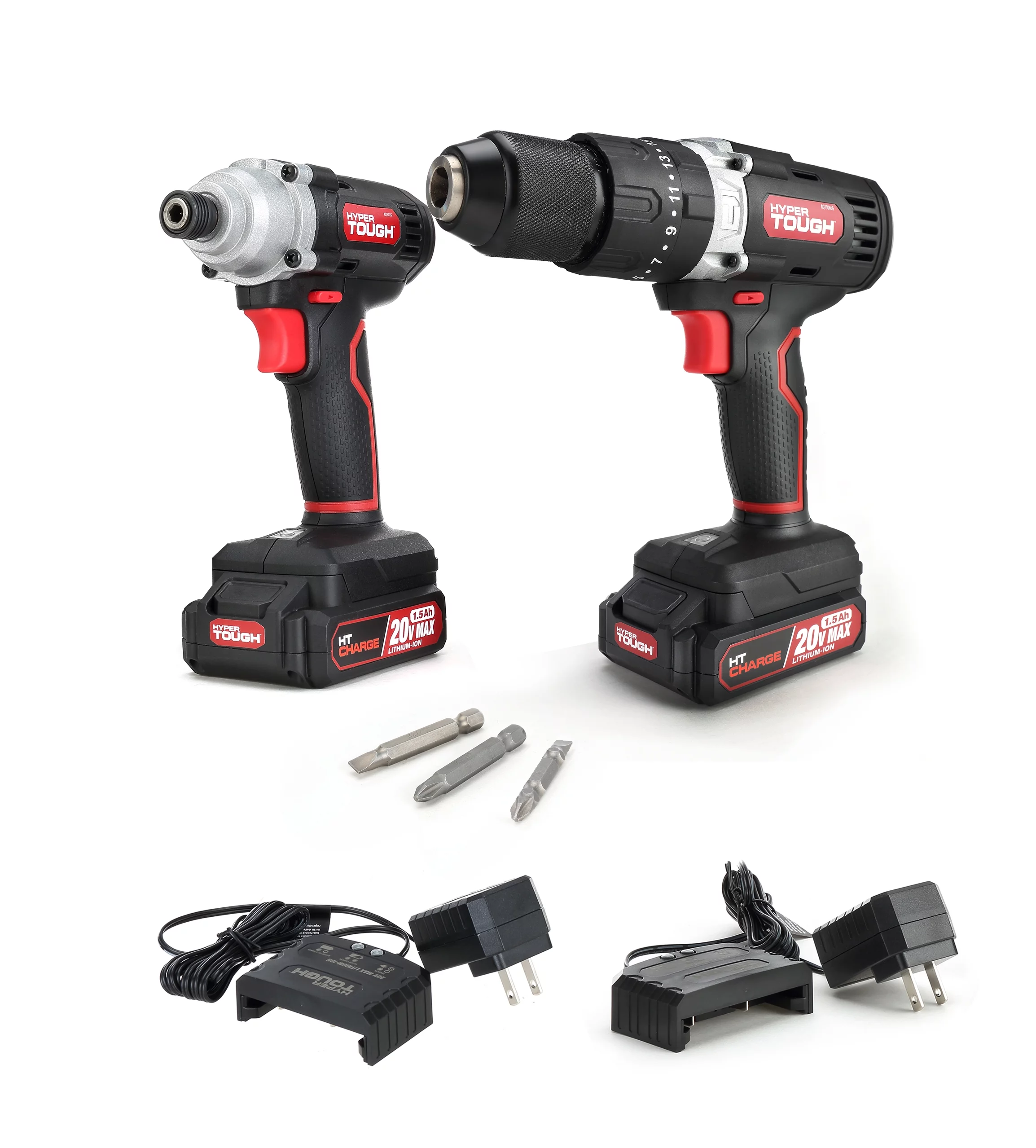Hyper Tough 20V 1/4” Impact Driver & 1/2” 2-Speed Hammer Drill Bundle, (2) 1.5Ah Lithium-Ion Batteries & (2) Chargers - Inhomebuy