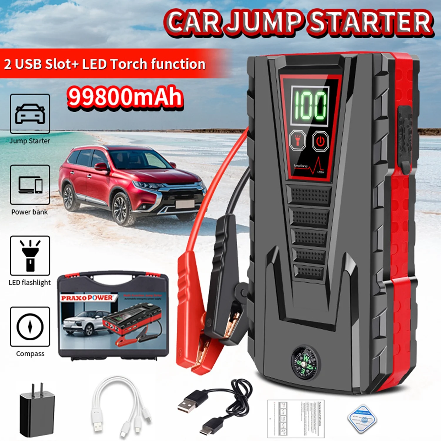 PRAXO Multi-functional Car Jump Starter, 5000A Peak 99800mAh Battery Jump Starter, 12V Car Battery Charger, Auto Battery Booster w/ LCD Display & 3 LED Modes, Portable Power Bank Charger - Inhomebuy