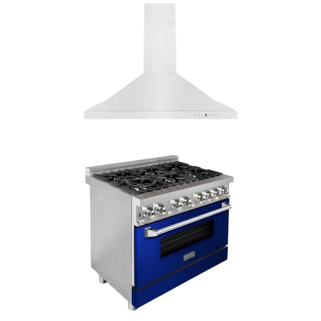 ZLINE 36 in. Dual Fuel Range with Blue Gloss Doors & 36 in. Range Hood Appliance Package, 2KP-RABGRH36 - Inhomebuy