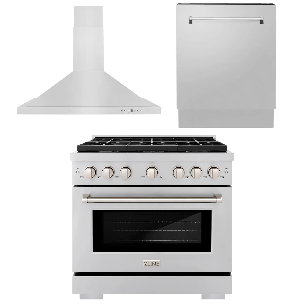 ZLINE Appliance Package - 36 in. Gas Range, Range Hood, 3 Rack Dishwasher, 3KP-SGRRH36-DWV - Inhomebuy