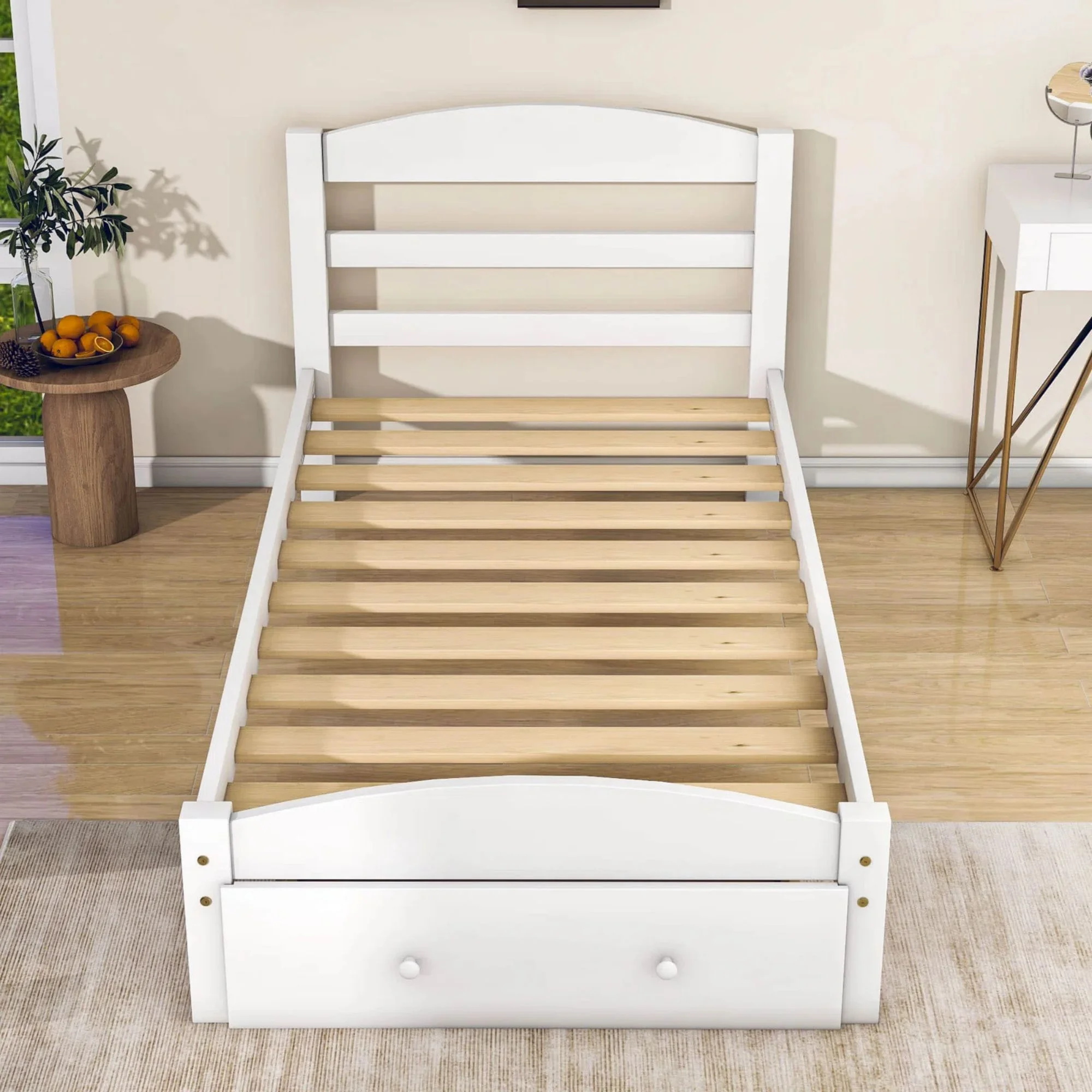 Twin Bed for Kids with Storage Drawer, Upgrade Pine Wood Bed Frame with Headboard and Footboard, Modern Kids Bed Furniture for Bedroom, Holds 275 lb, No Box Spring Needed, White - Inhomebuy
