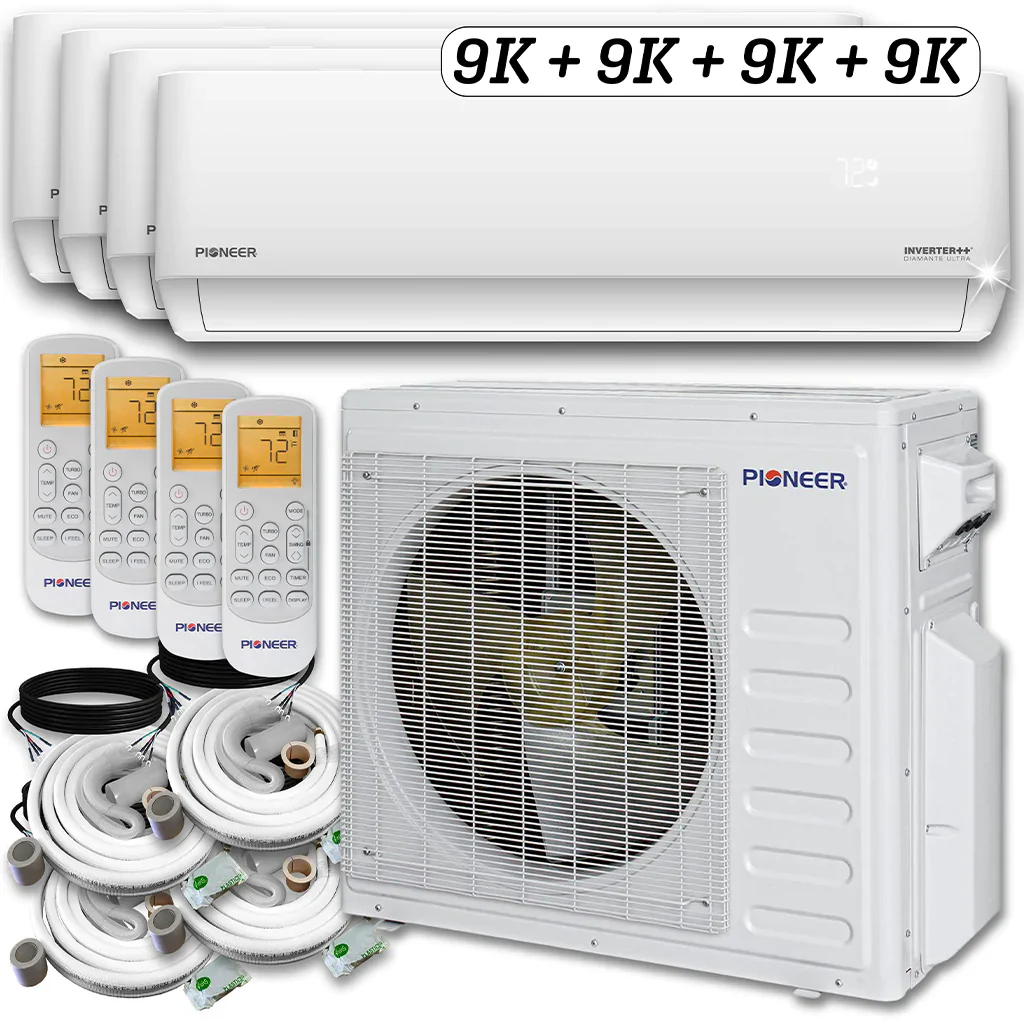 Pioneer® Mini Split 36,000 BTU 4 Zone Ductless Air Conditioner and Heat Pump with 10 ft. Kits, WYT040GLHI22M4-9W-9W-9W-9W-10 - Inhomebuy