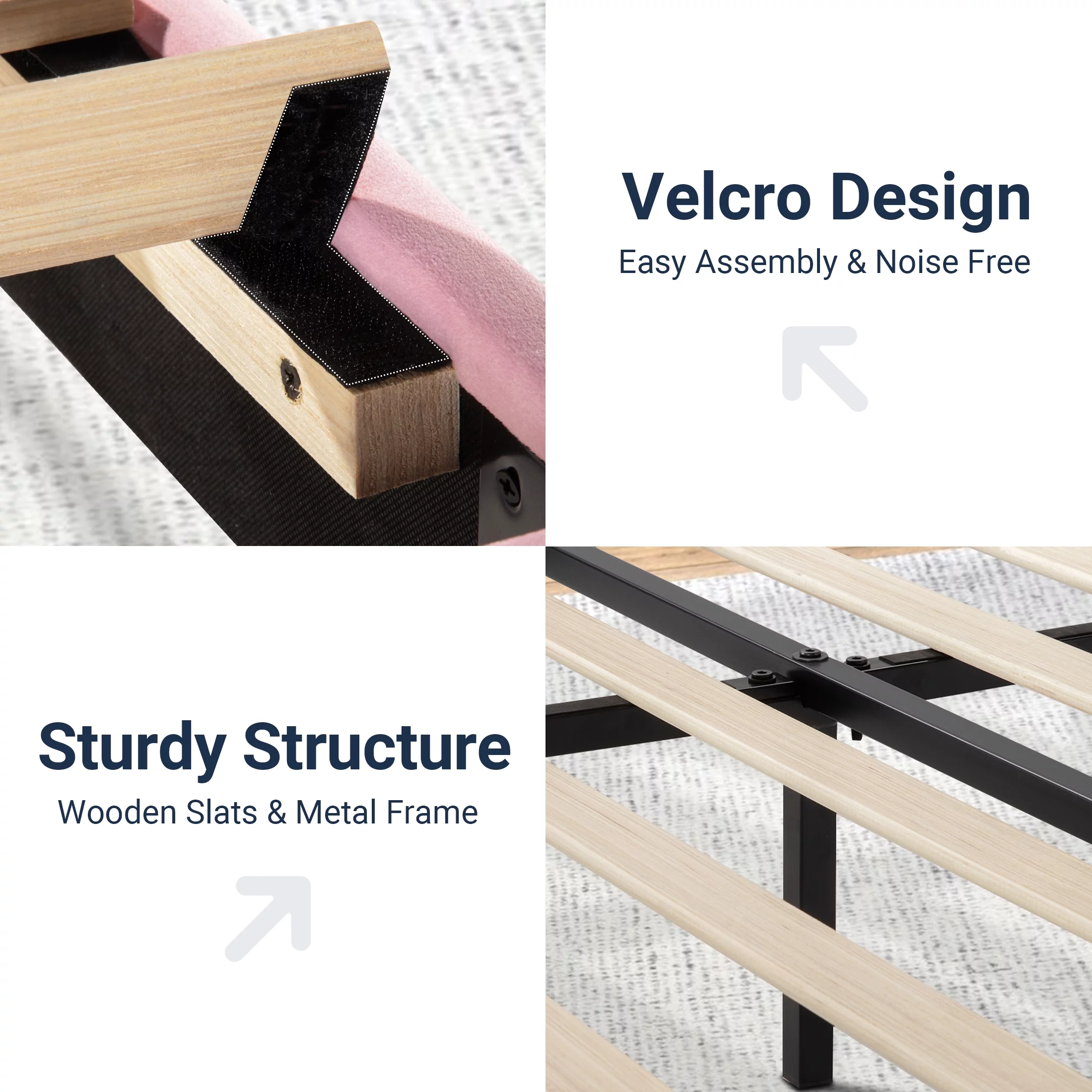 Allewie Queen Velvet Upholstered Bed Frame with Vertical Channel Tufted Headboard, Light Pink - Inhomebuy