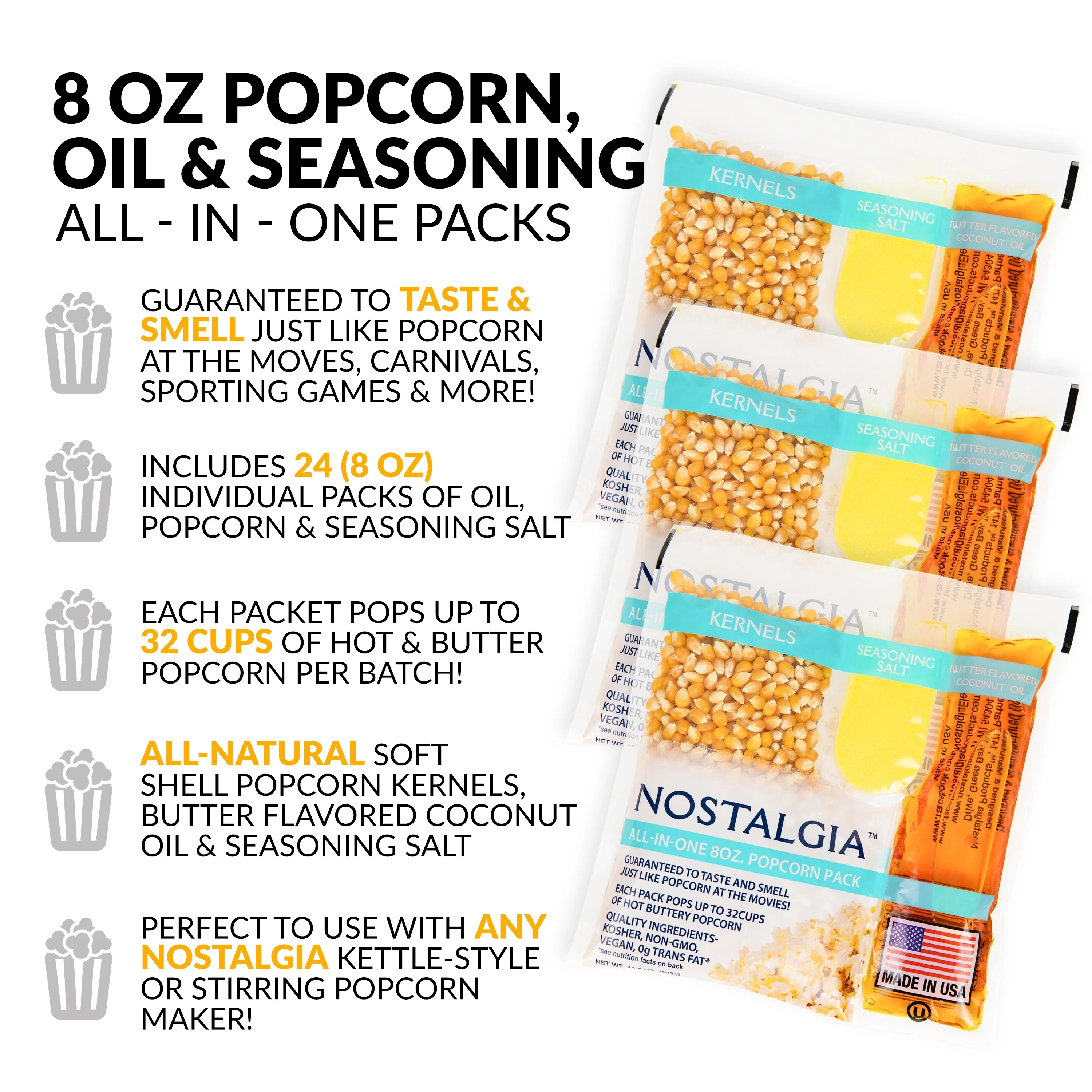 Best Tasting Premium 8-Ounce Popcorn, Oil & Seasoning Salt All-In-One Packs - 24 Count - Inhomebuy