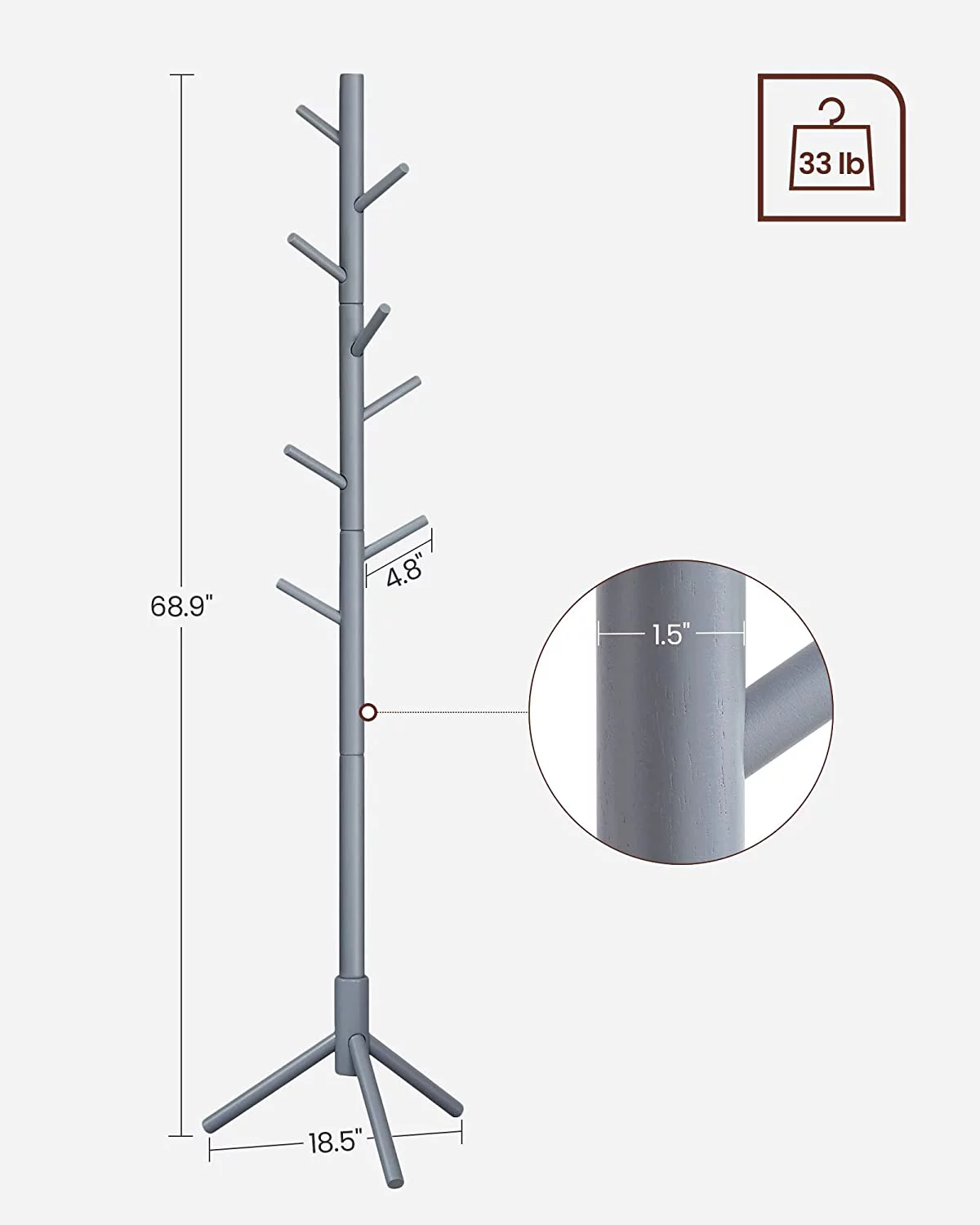 VASAGLE Coat Rack Solid Wood Free Standing Coat Rack Tree-Shaped Coat Rack with 8 Hooks for Clothes Hats Bags for Living Room Bedroom Dark Walnut - Inhomebuy