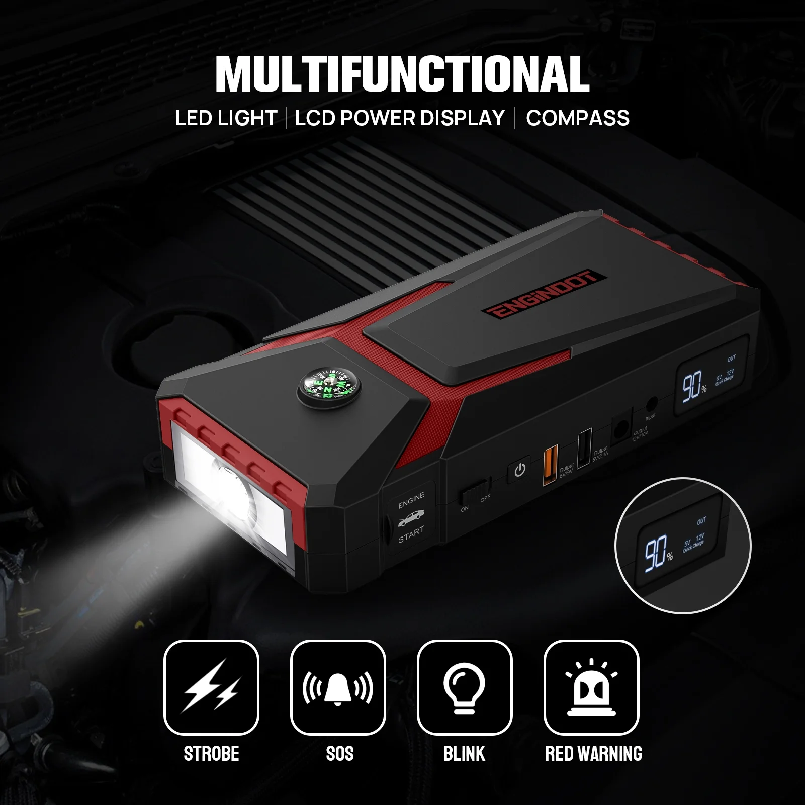 ENGINDOT Jump Starter for up to 7.0L Gas or 5.5L Diesel Engine, 800A Peak 18000mAh 12V Auto Battery Booster with LCD Screen, with USB Quick Charge, Red - Inhomebuy