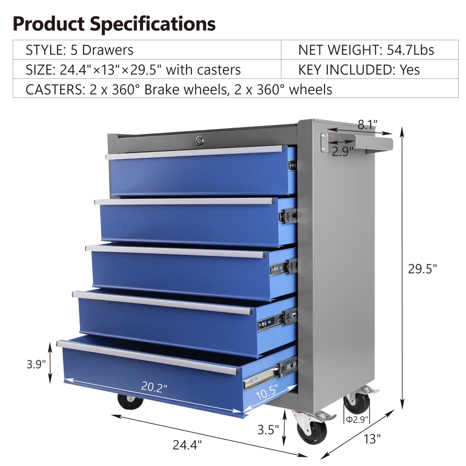 5 Drawers Rolling Tool Chest with Wheels, Portable Rolling Tool Box on Wheels, Tool Cabinet Organizer for Garage, Workshop, Home Crafts Use, Blue - Inhomebuy