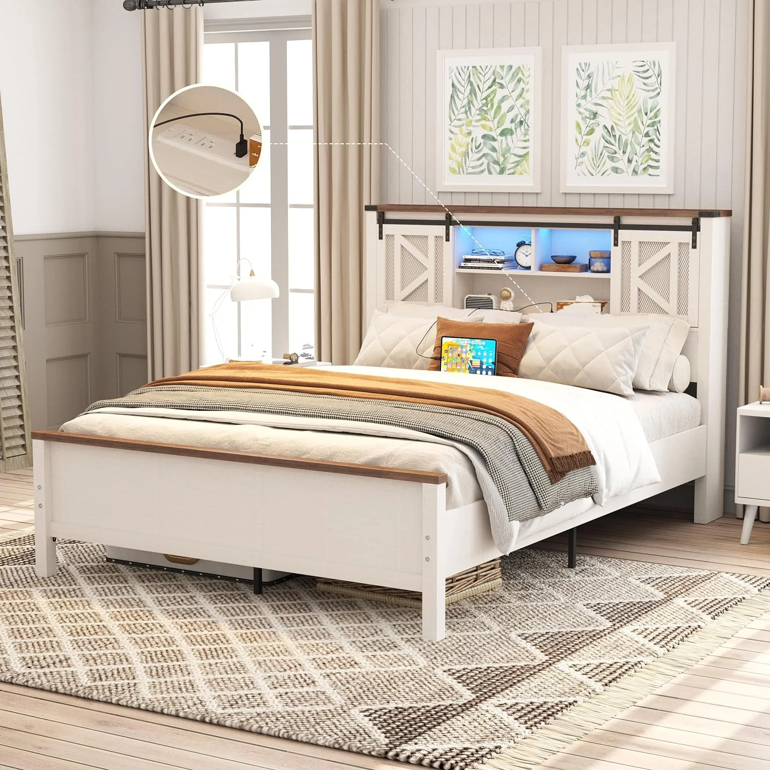 Vabches LED Queen Size Metal Bed Frame, Headboard with Charging Station and Storage, No Box Spring Needed, Farmhouse, White - Inhomebuy