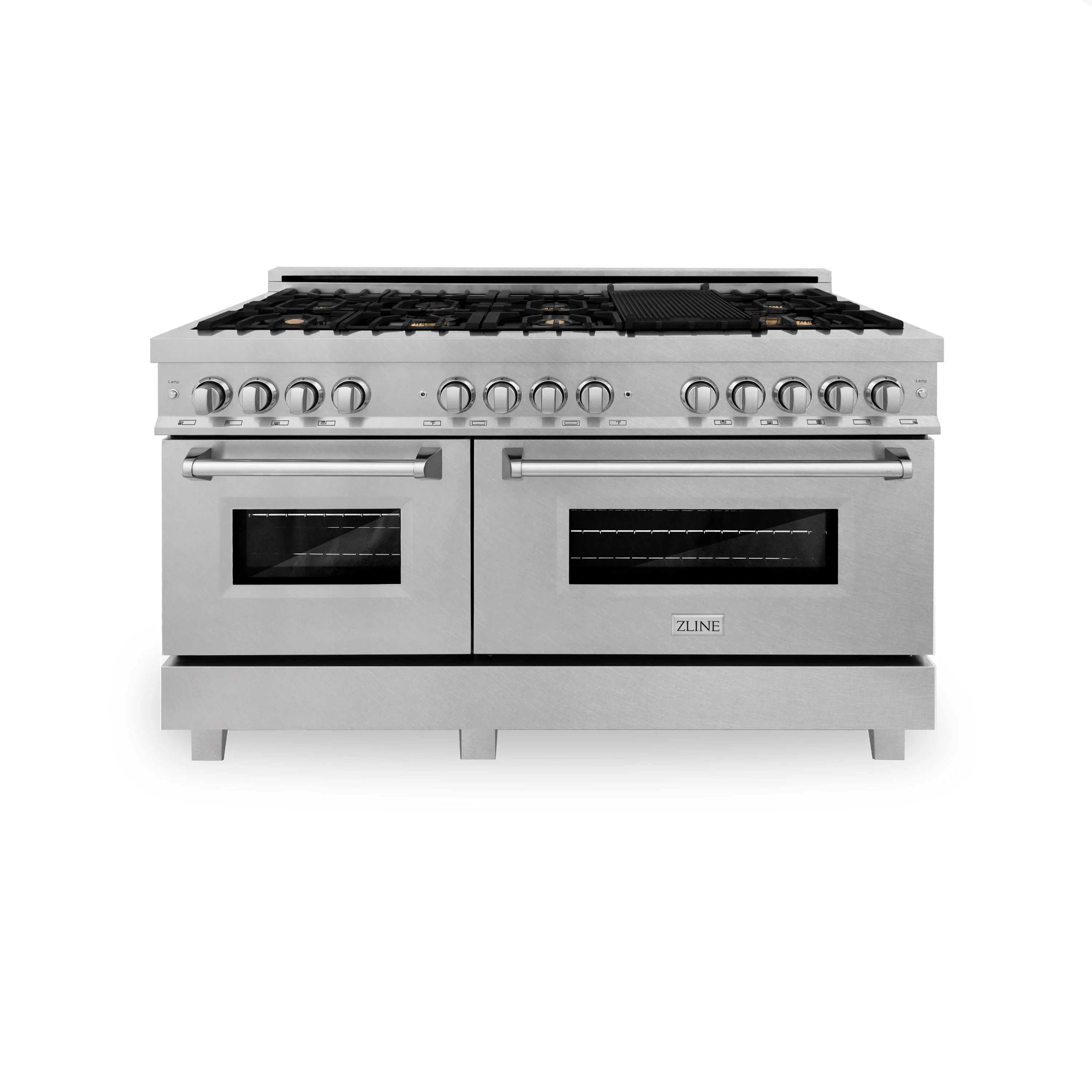 ZLINE 60 in. Professional Gas Burner, 7.6 cu. ft. Electric Oven in DuraSnow® Stainless and Brass Burner Set, RAS-SN-BR-60 - Inhomebuy