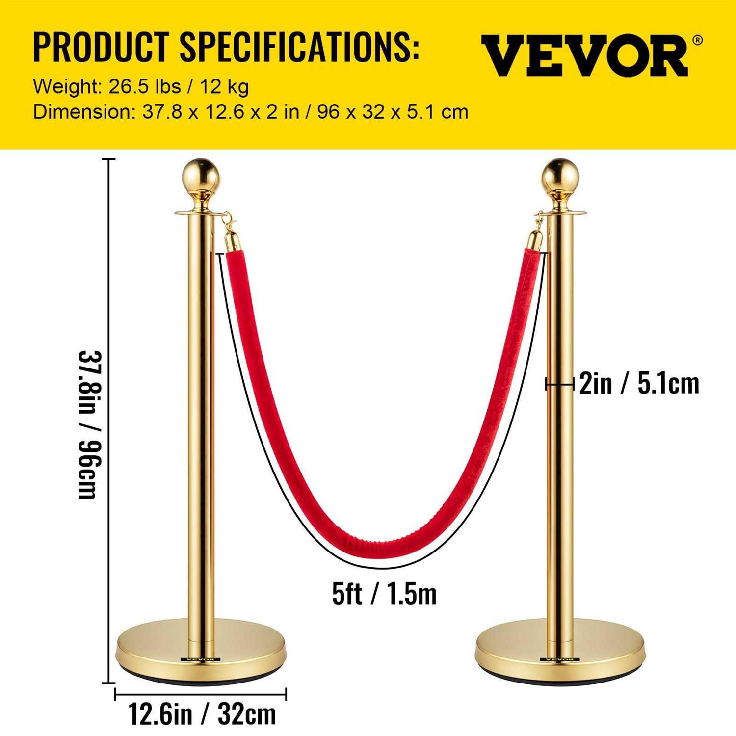 VEVOR Velvet Ropes and Posts 5 ft. Red Rope Stainless Steel Gold Stanchion with Ball Top Crowd Control Barrier - Inhomebuy