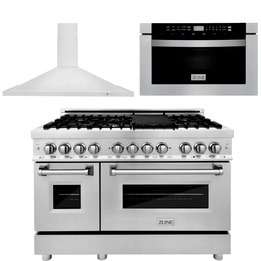 ZLINE Appliance Package - 48 in. Dual Fuel Range, Range Hood, Microwave Drawer, 3KP-RARH48-MW - Inhomebuy